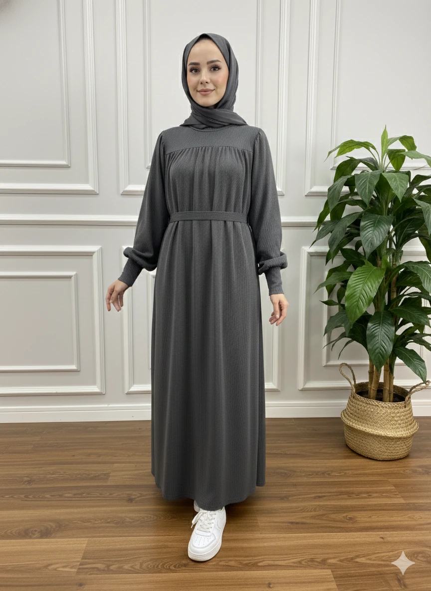 KIŞLIK ROBALI TRİKO ELBİSE - GRİ