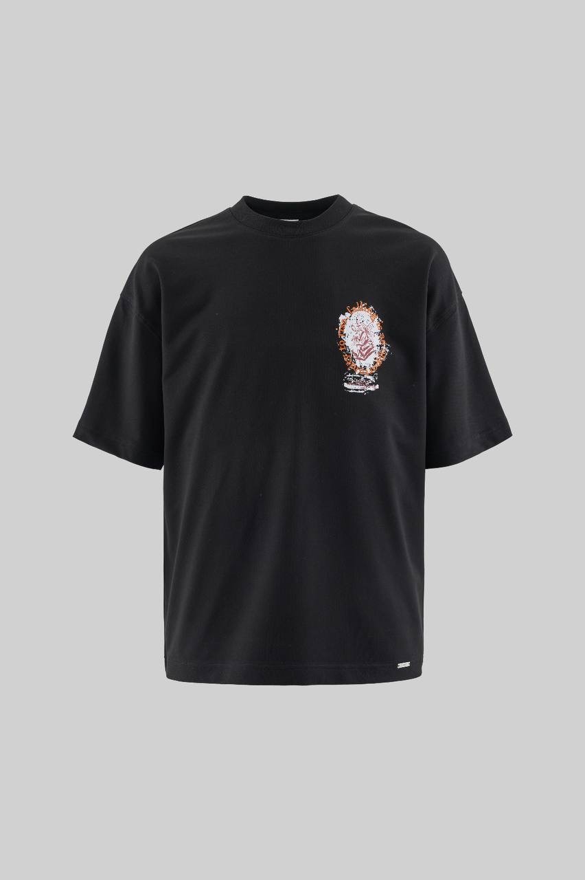 Flower Printed And Embroidered Oversize T-Shirt - Dark Black