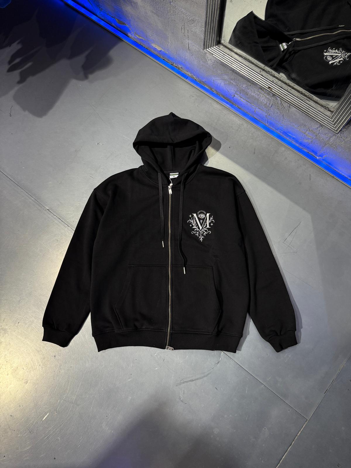 Minimal Nakış Baskılı Zip Hoodie 