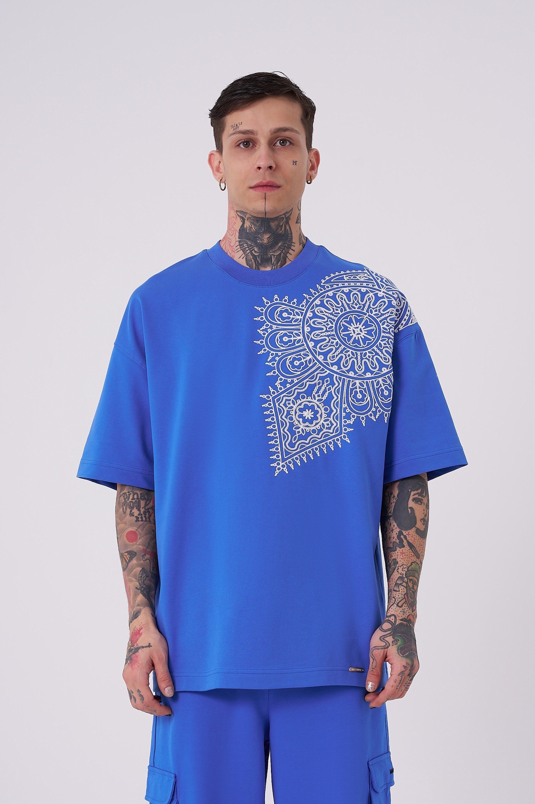 Ethnic Nakışlı Oversize T-Shirt - Mavi