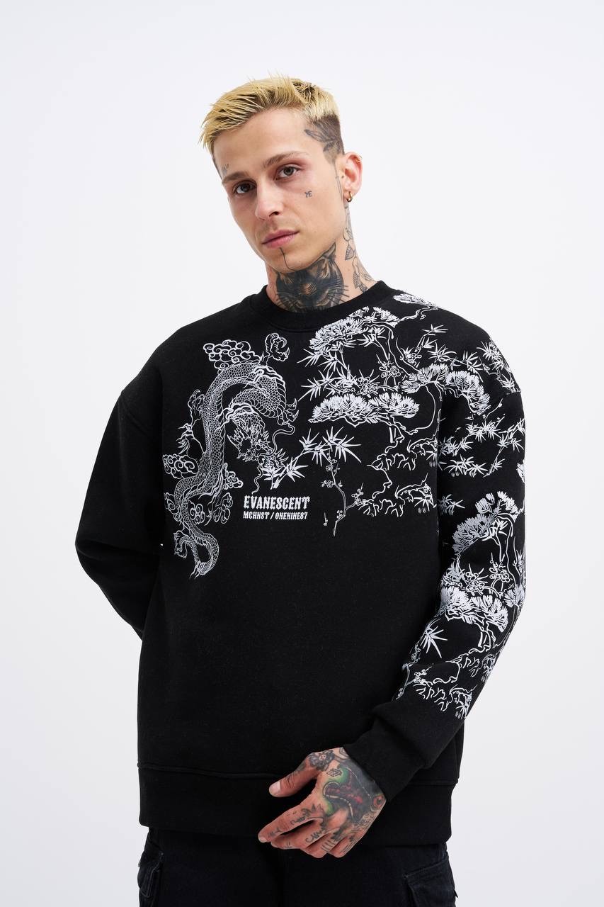 Dragon Printed Oversize Şardonlu Sweatshirt - Siyah