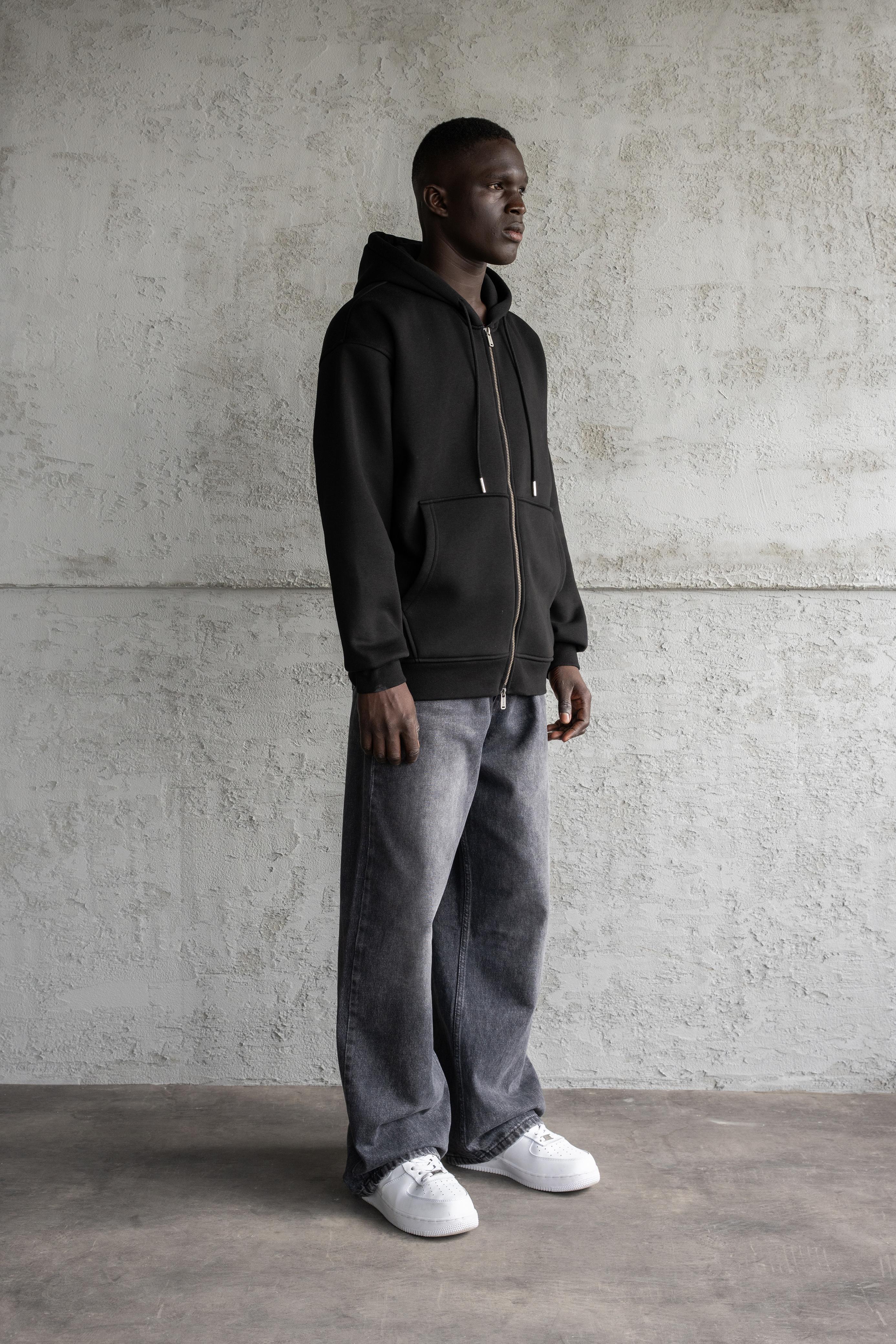 Oversize Basic Zİp Hoodie Sırt Çantalı Şardonlu