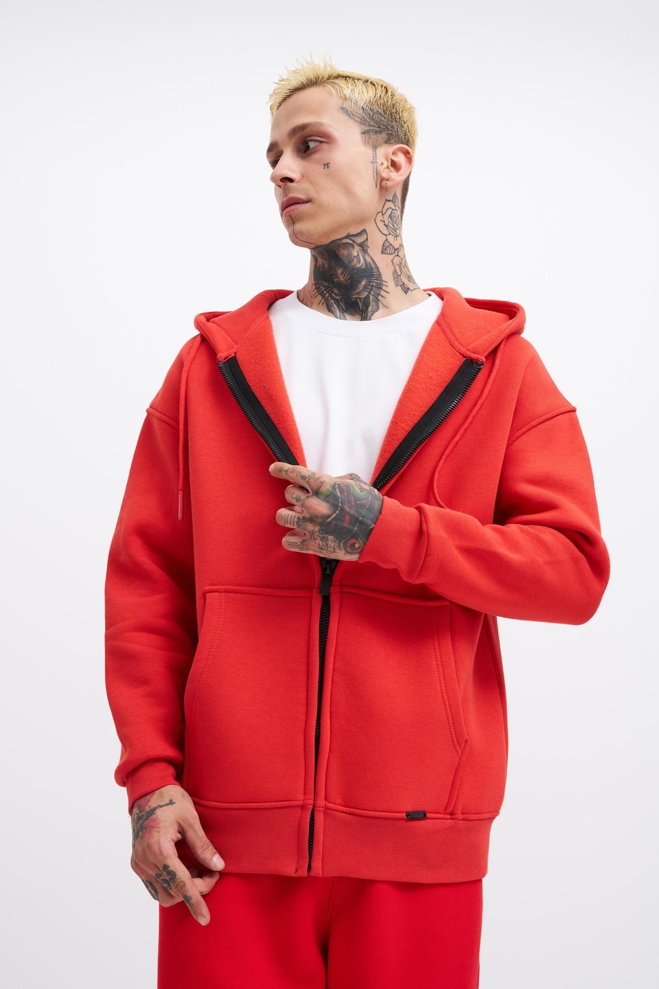 Oversize Şardonlu Zip Hoodie - Kırmızı