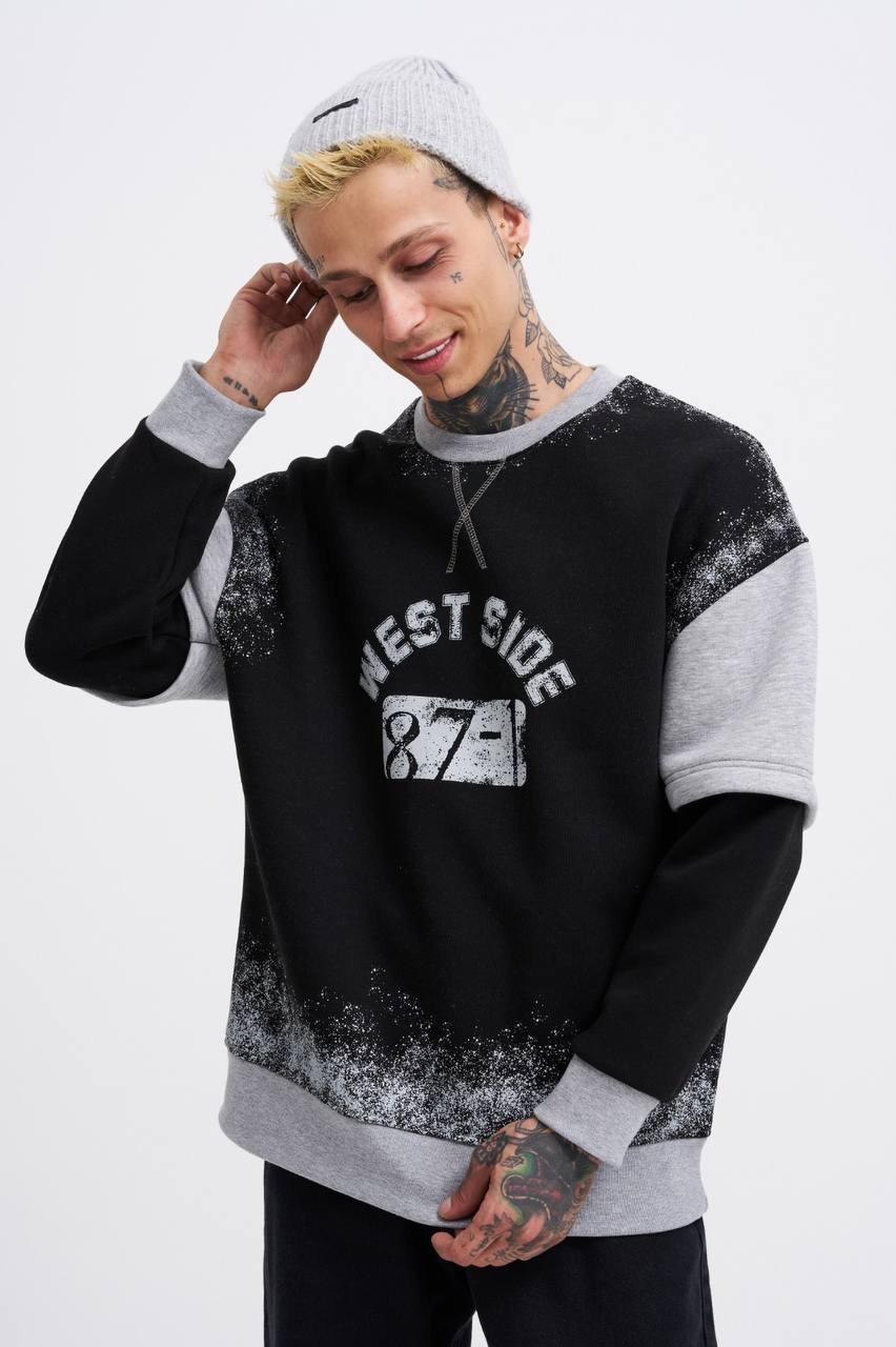 West Side 87 Baskılı Oversize Şardonlu Sweatshirt - Siyah