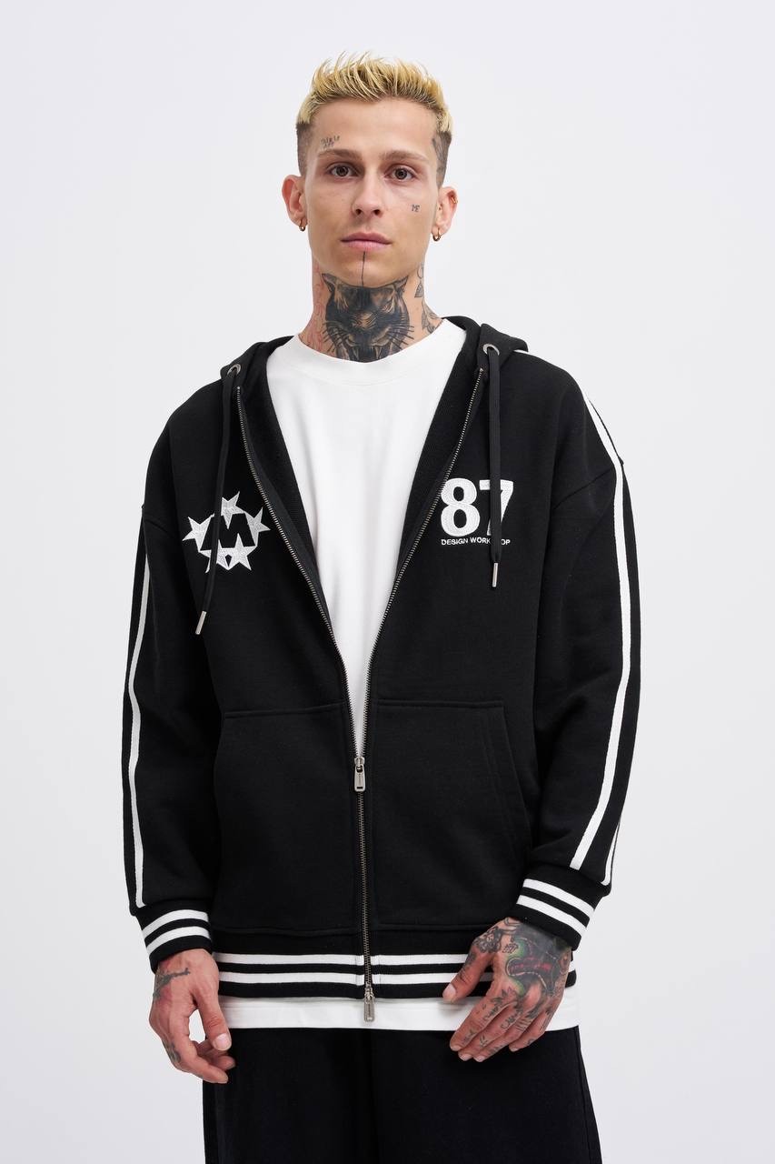 87 Desing Zip Fermuarlı Hoodie - Siyah