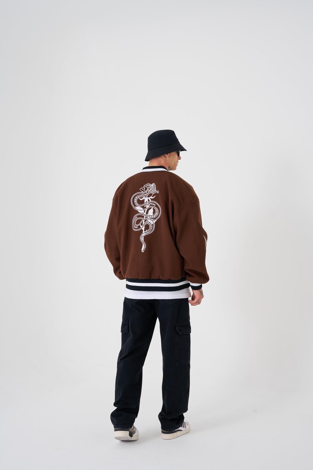 OVERSIZE SNAKE EMBROIDERY BOMBER JACKET - Coffe