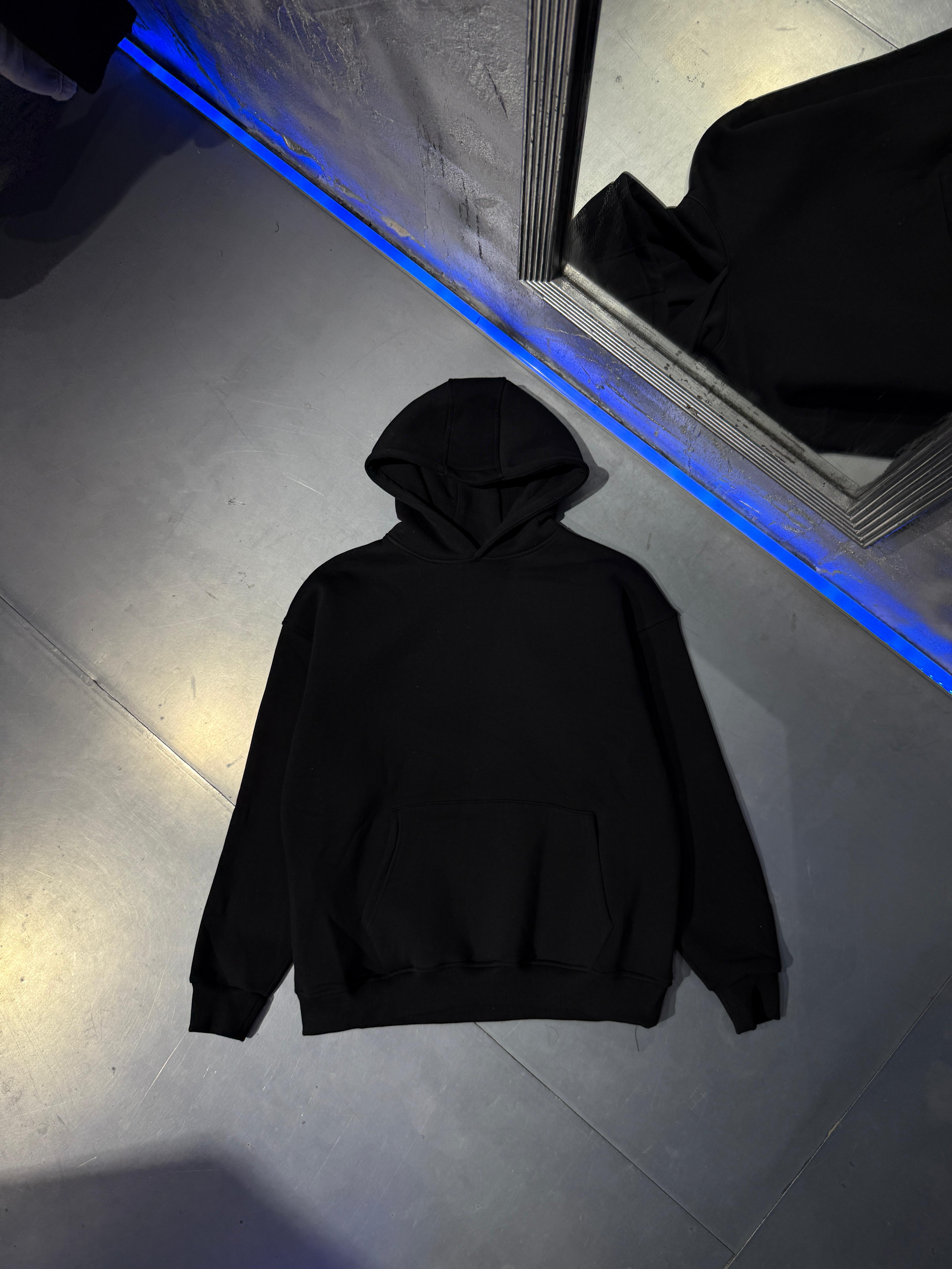 Basic Şardonlu Oversize Hoodie - Siyah