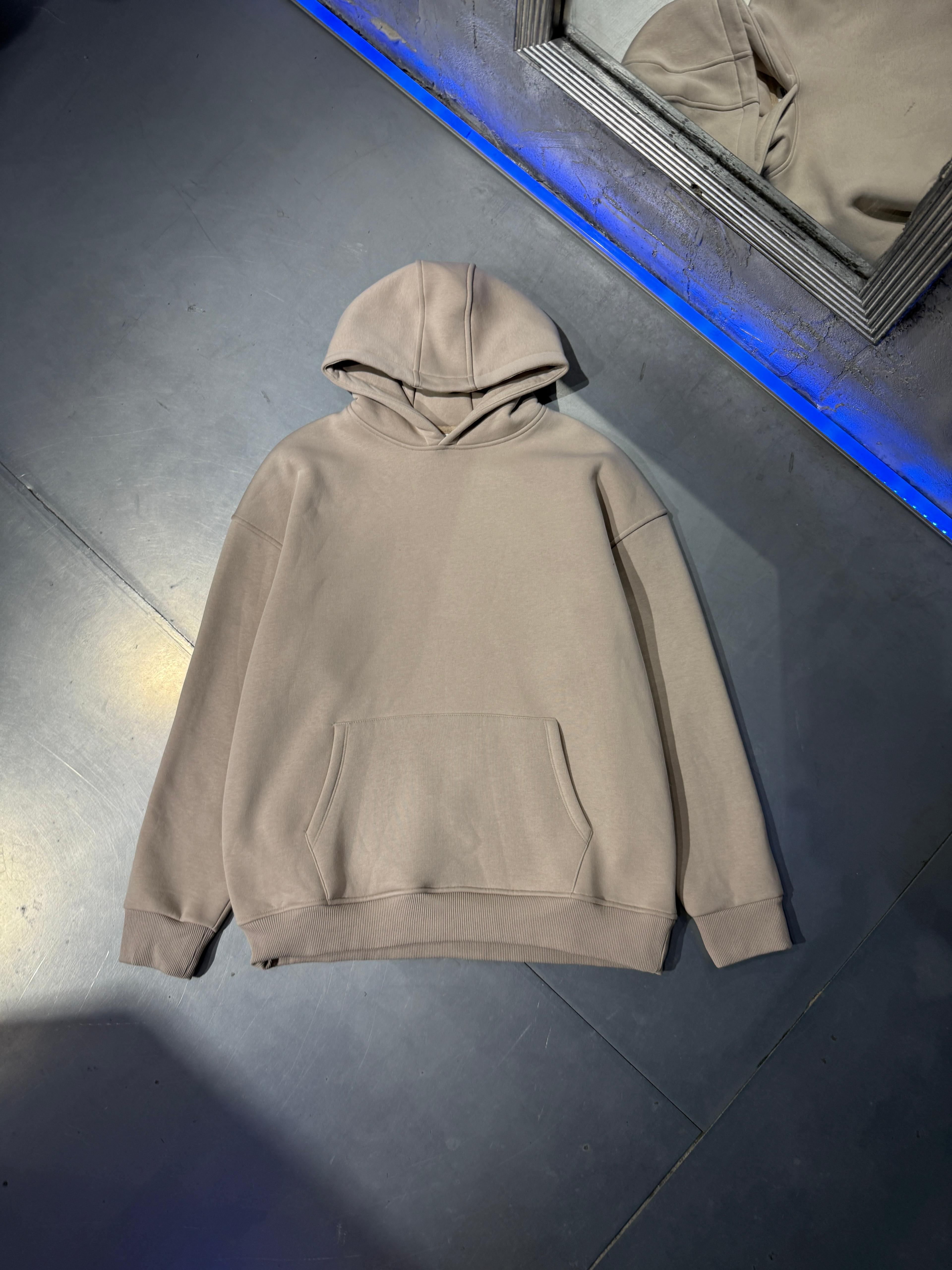 Basic Şardonlu Oversize Hoodie - Bej