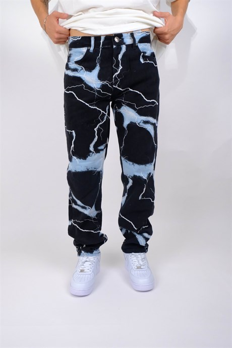 Lighting Printed  Baggy Jean - SİYAH MAVİ