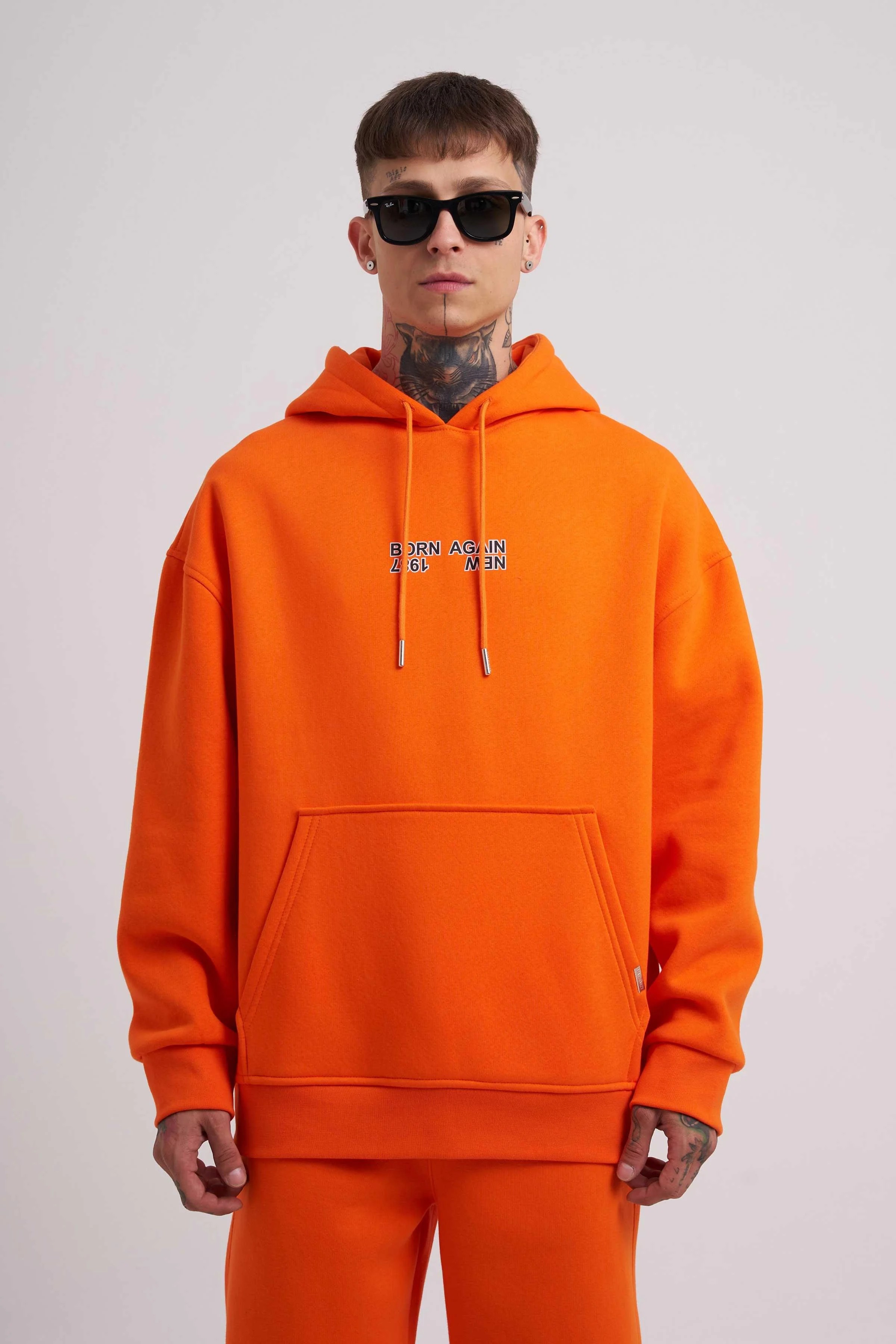 Premium Born Agaın 1987  Oversize Şardonlu Hoodie - Turuncu