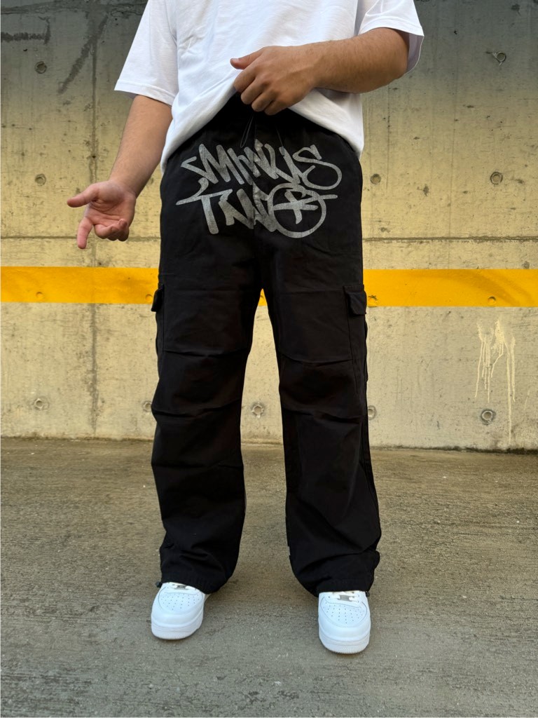  MTW Yazılı Premium Kargo Cepli Baggy Pantolon - Siyah Renk - Eskitme Gri Yazılı