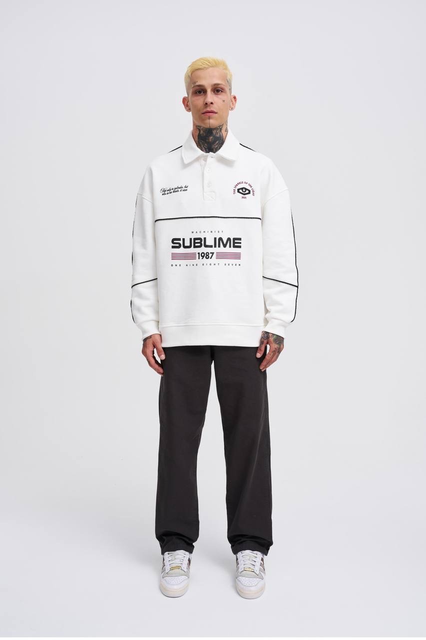 Sublime 1987 Baskılı Oversize Polo Sweatshirt - Beyaz