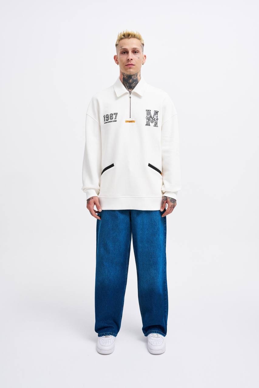 Felt Badge Zip Polo Siyah Sweatshirt - Beyaz