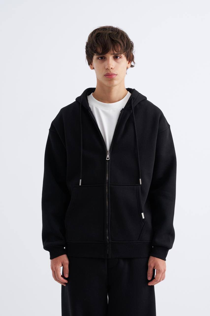 Oversize Basic Zip Hoodie - Siyah