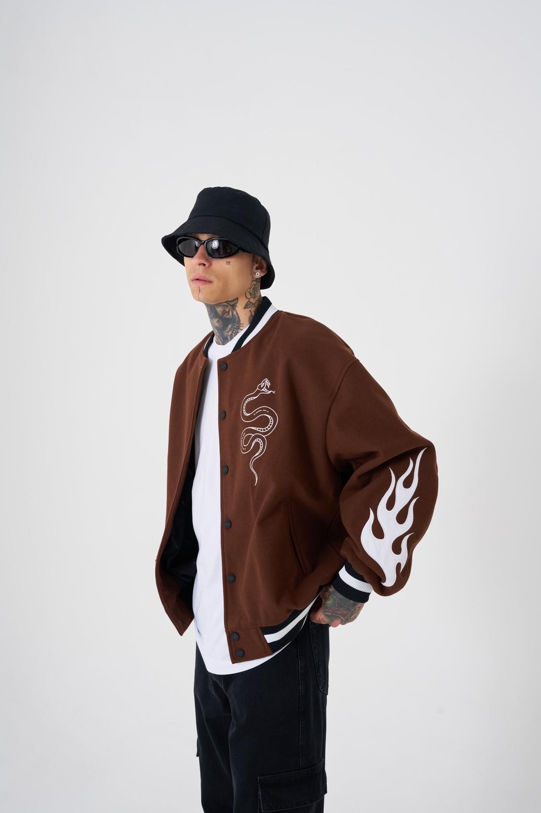 OVERSIZE SNAKE EMBROIDERY BOMBER JACKET - Coffe