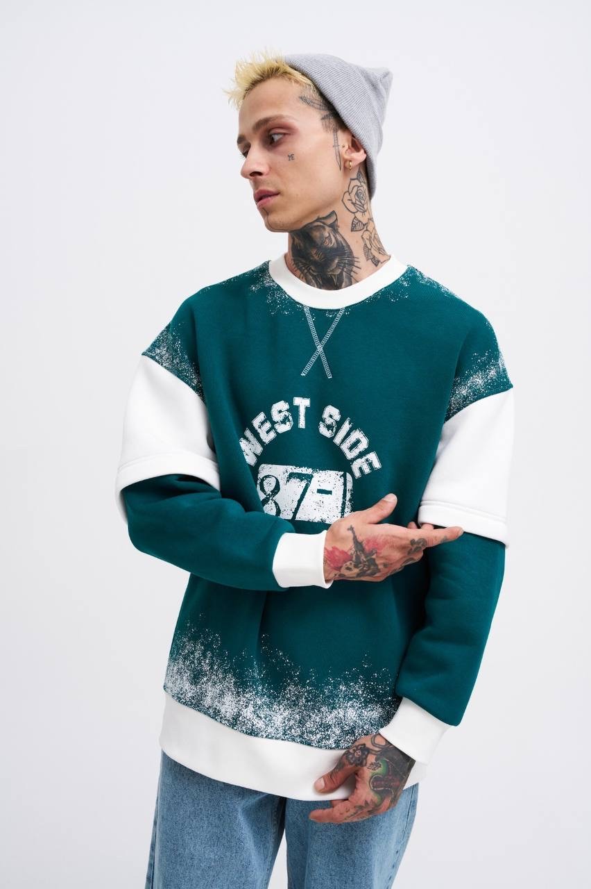 West Side 87 Baskılı Oversize Şardonlu Sweatshirt - Petrol Yeşili