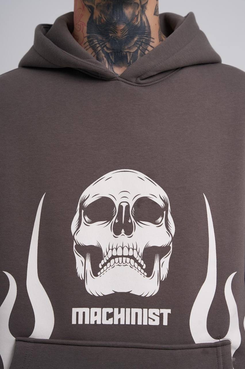 Flame Printed Şardonlu Hoodie - Füme