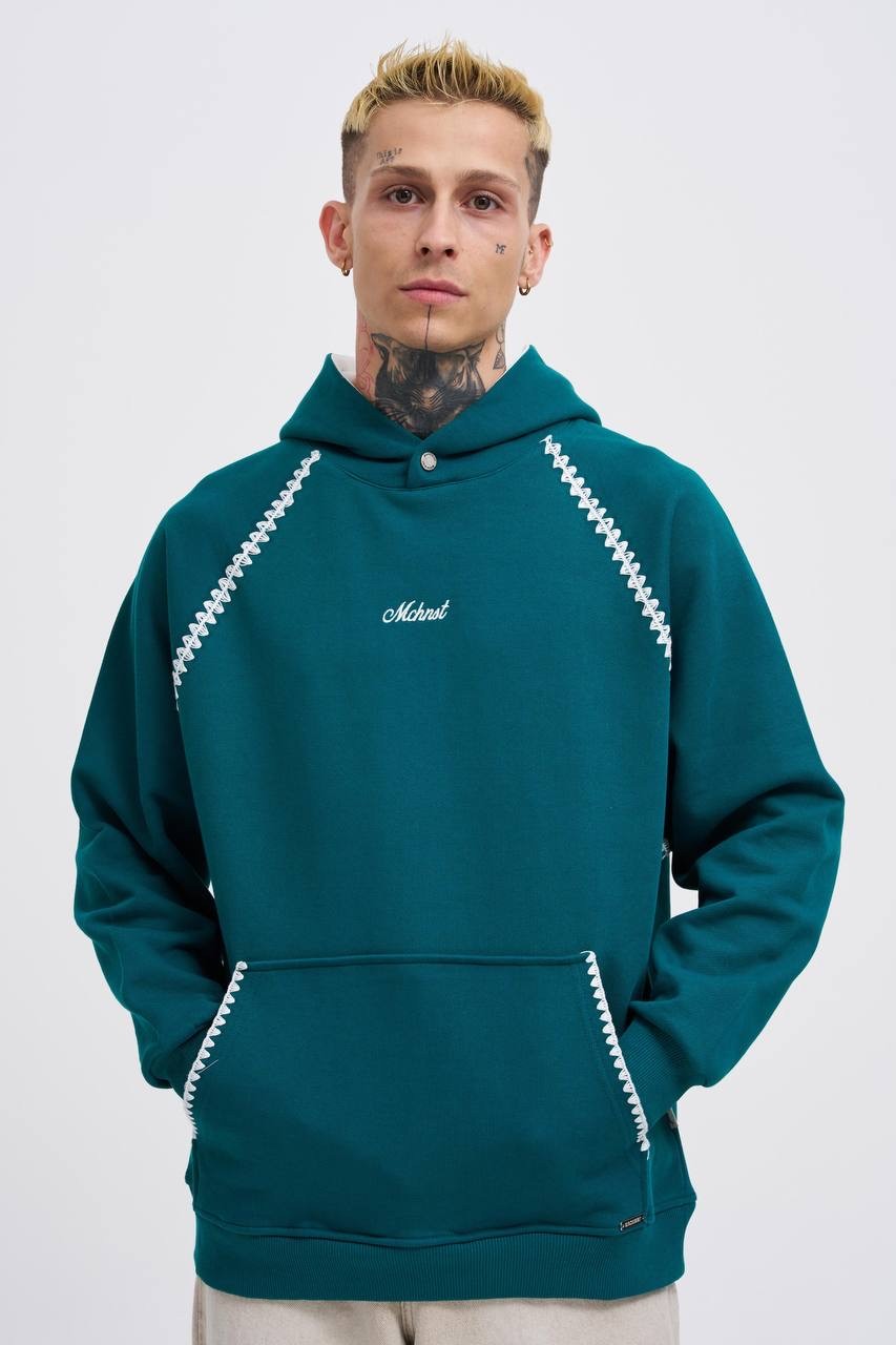 Oversize Dikiş Detaylı Basic Hoodie  - Petrol Yeşili