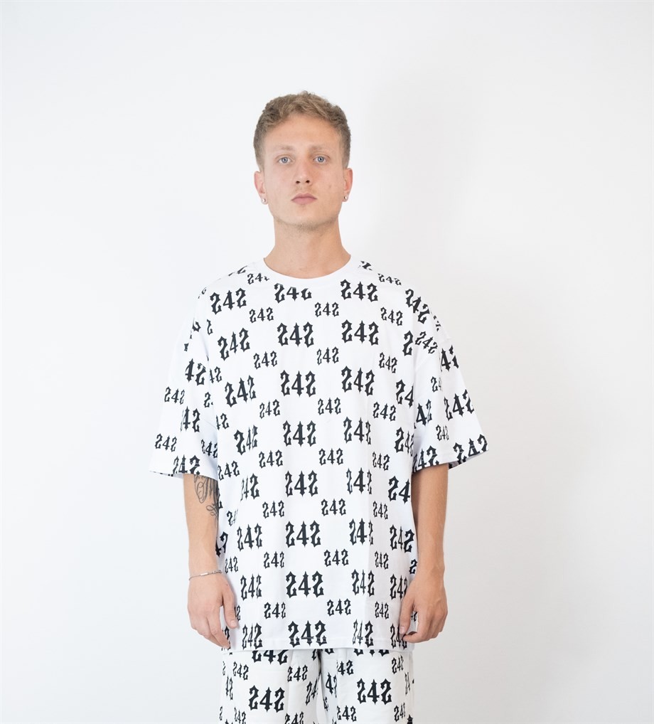 Oversize 242 Full Printed T-shirt - BEYAZ