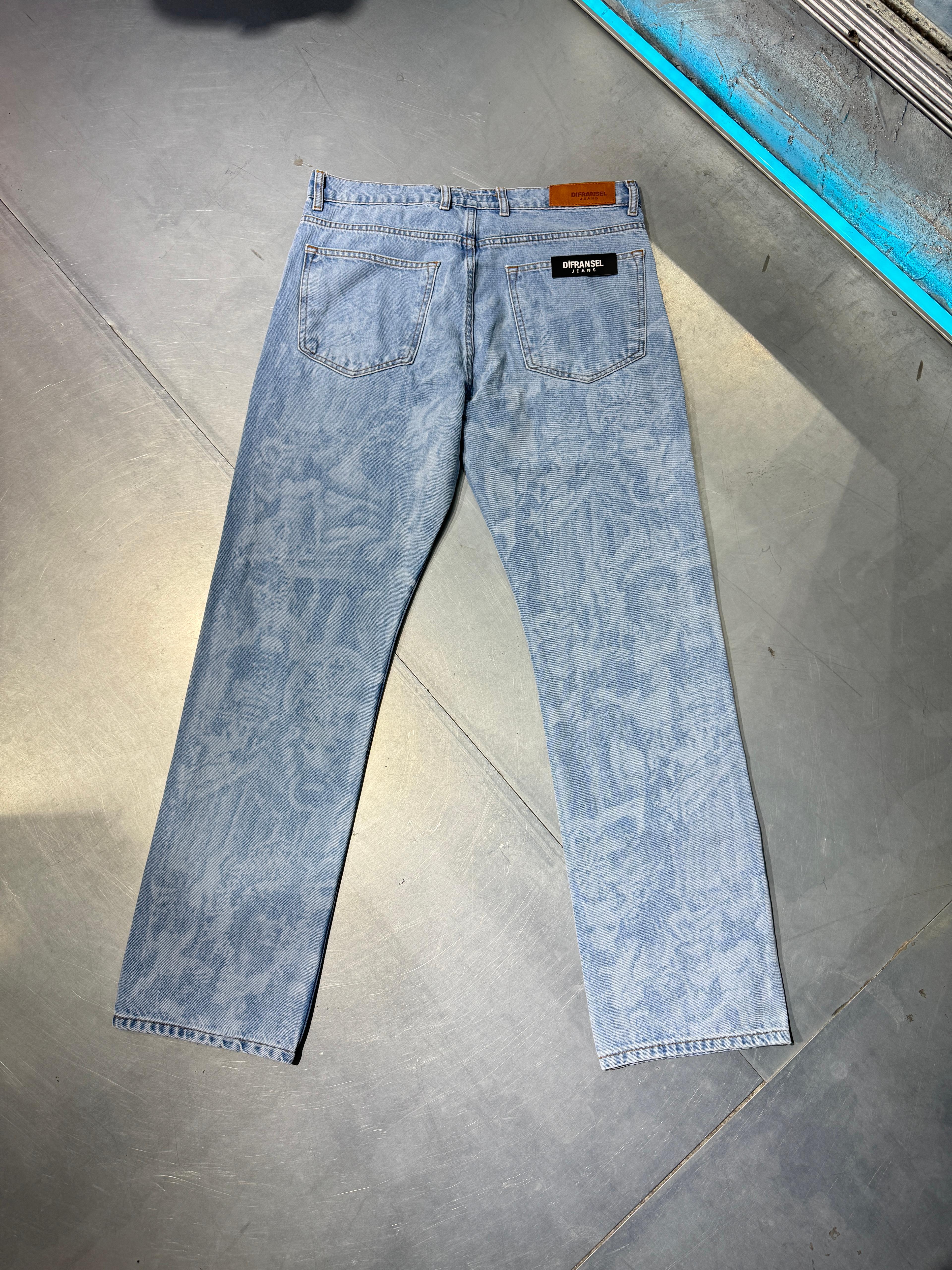 Retro Stil Baskılı Denim Pantolon