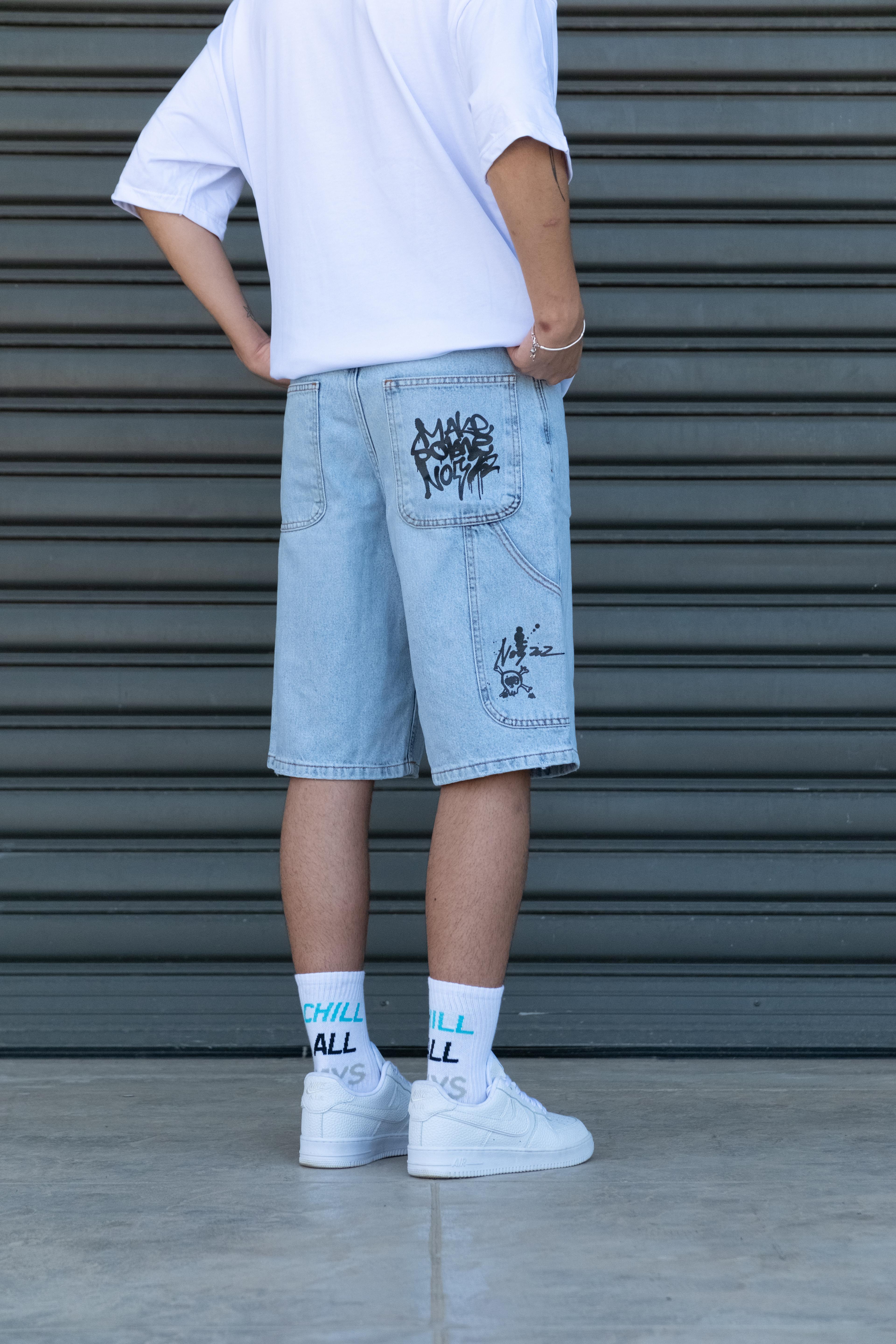 Graffiti Detay Baggy Şort - Ice Blue