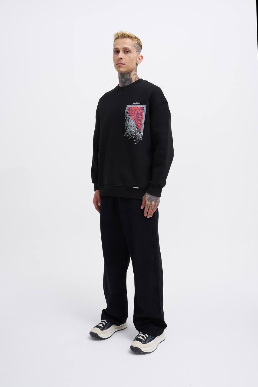 Oversize Kilim Desenli Şardonlu Sweatshirt - Black