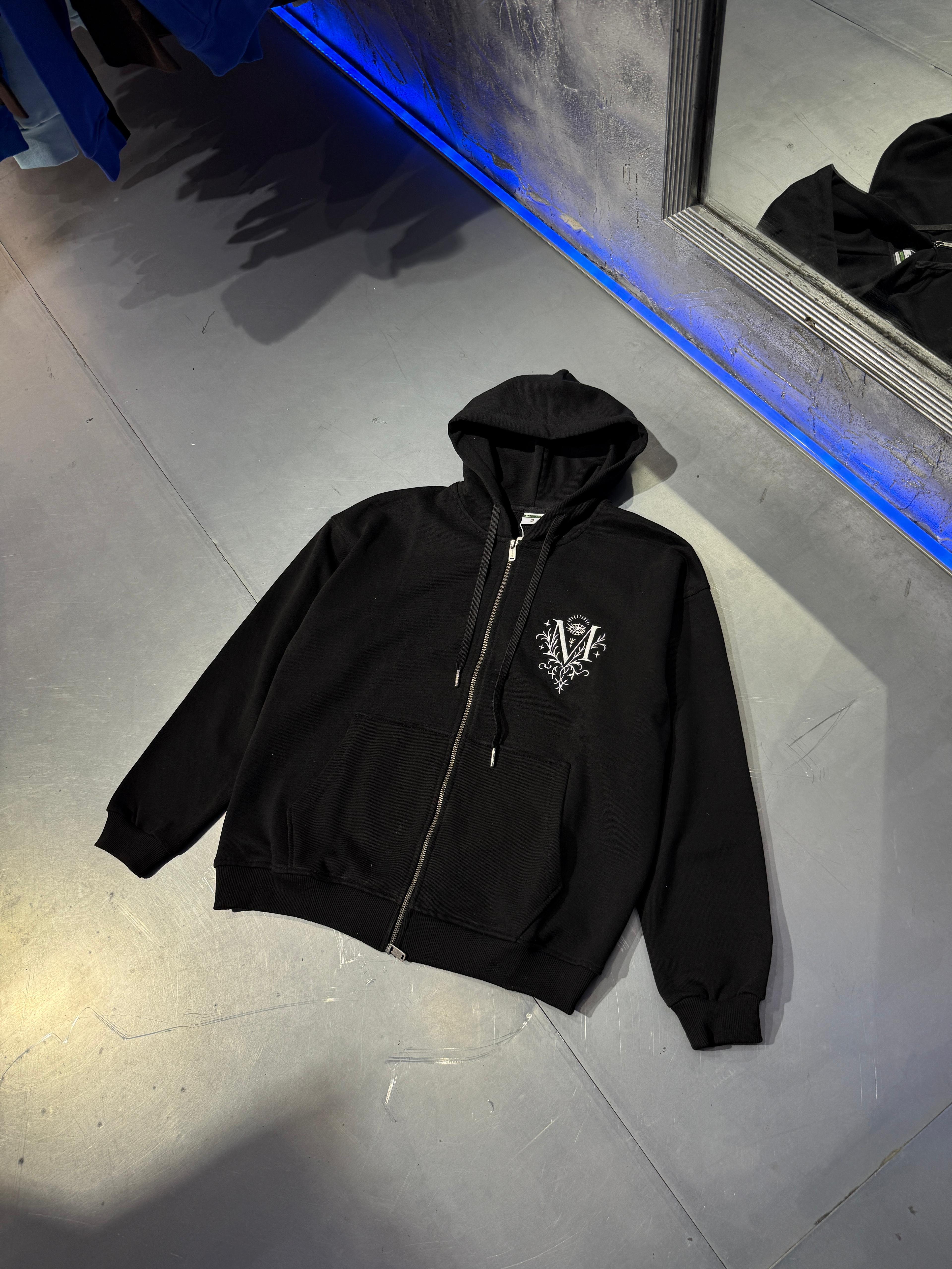 Minimal Nakış Baskılı Zip Hoodie 