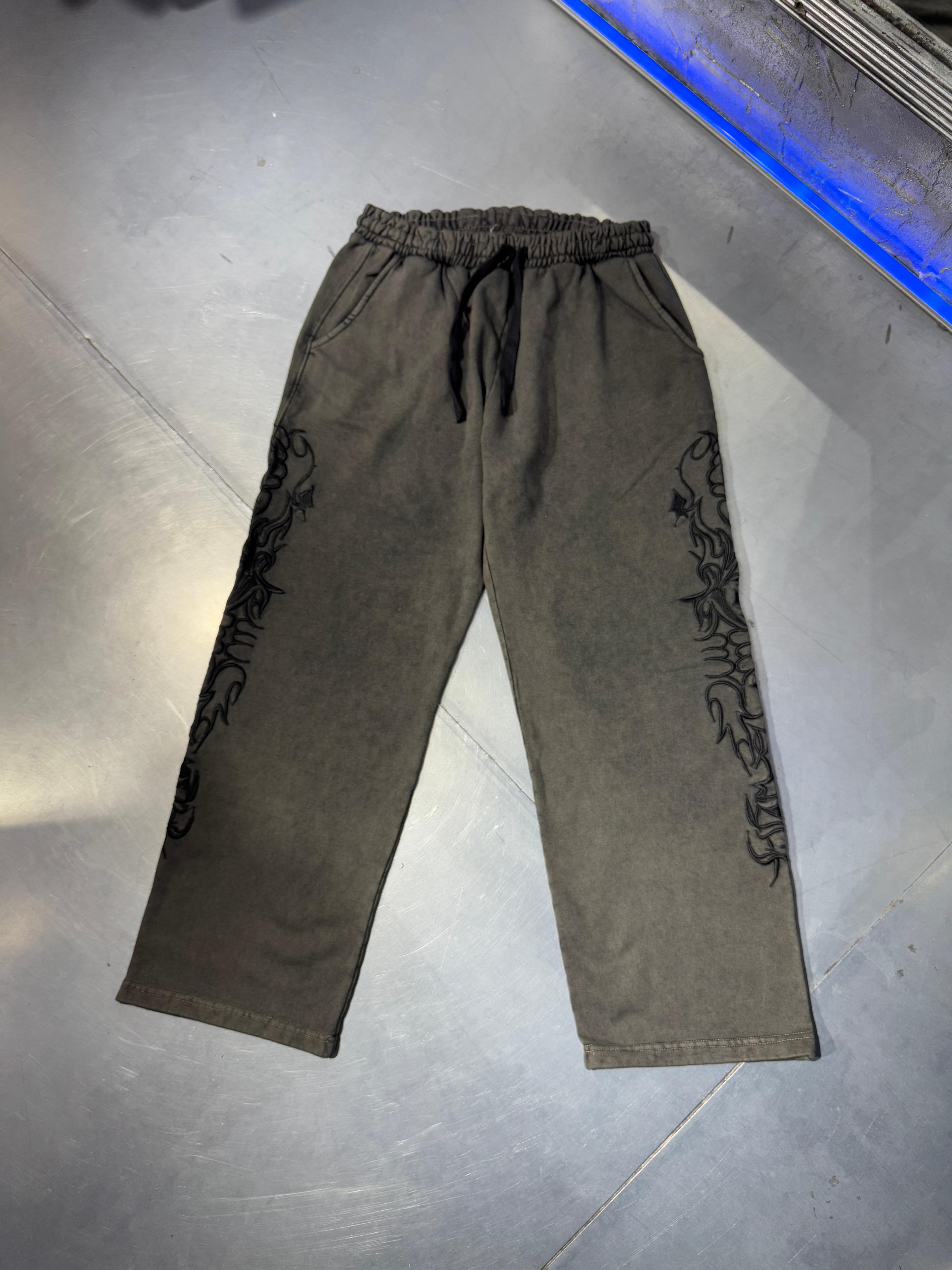 Tribal Nakışlı Acid Wash Baggy Eşofman - Siyah Acid Wash