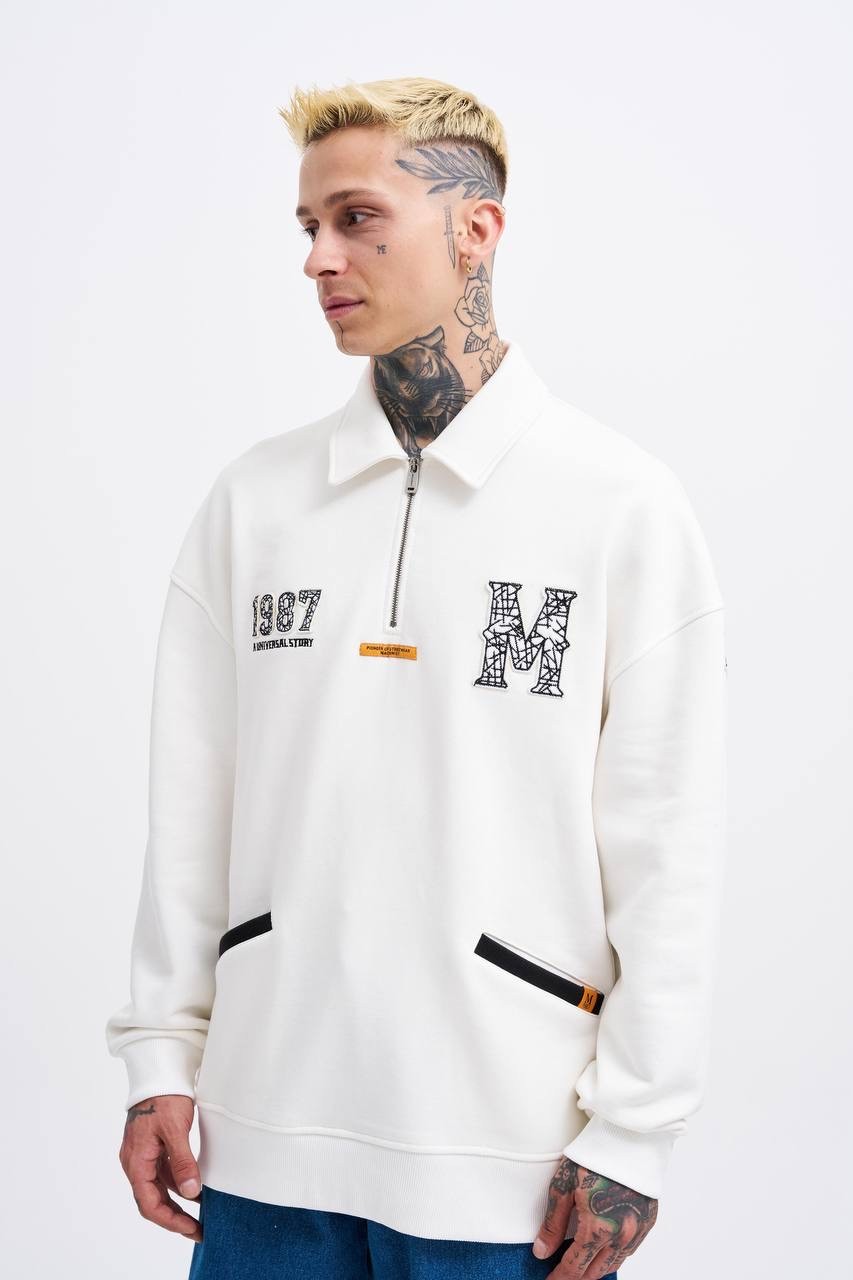 Felt Badge Zip Polo Siyah Sweatshirt - Beyaz