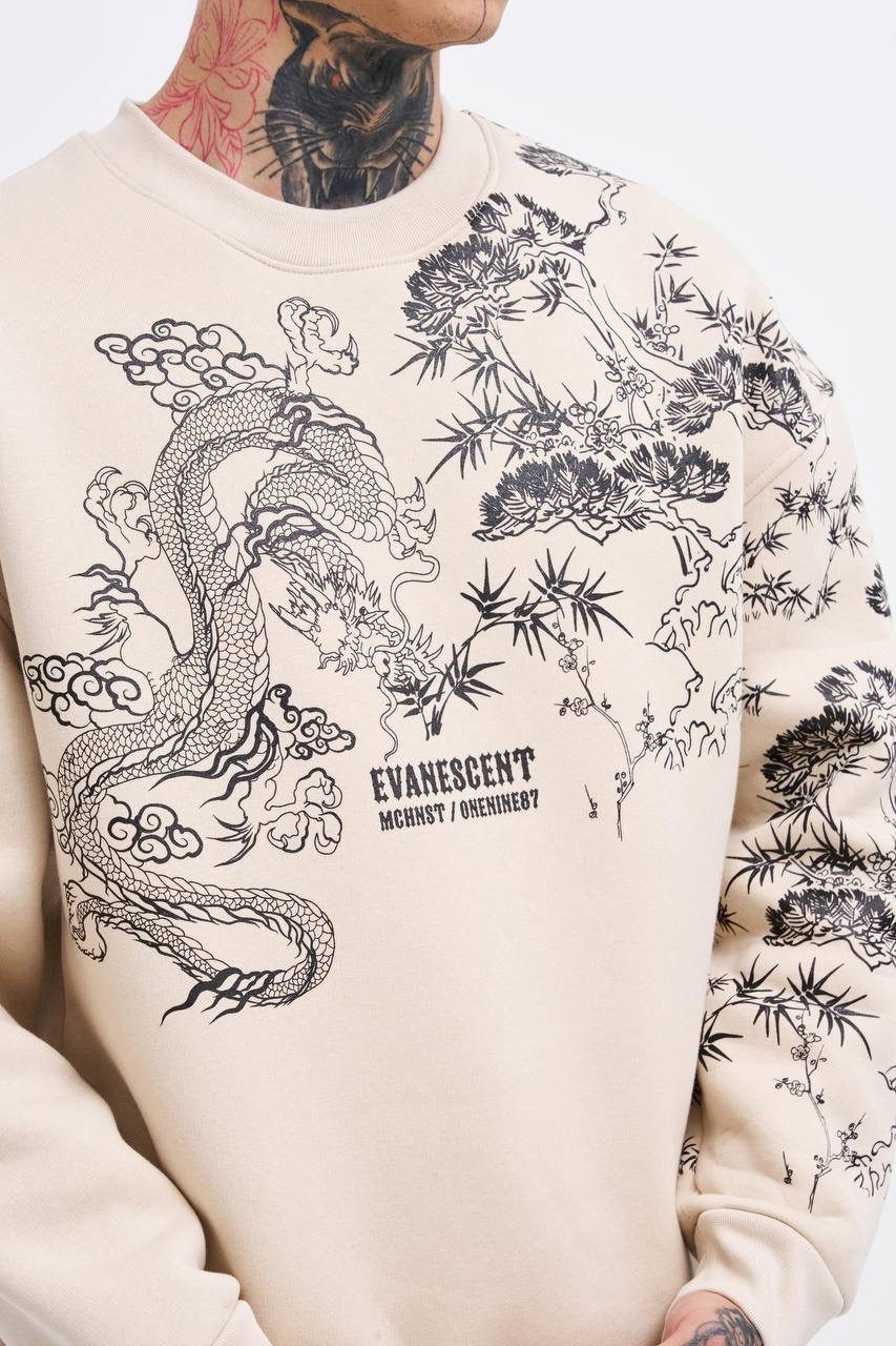 Dragon Printed Oversize Şardonlu Sweatshirt