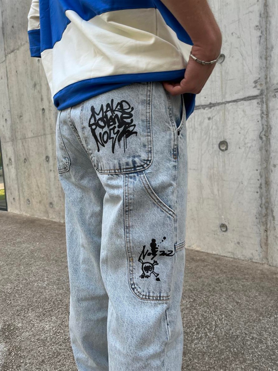 Graffiti Dikiş Detay Siyah Baggy Jean - Buz Mavisi