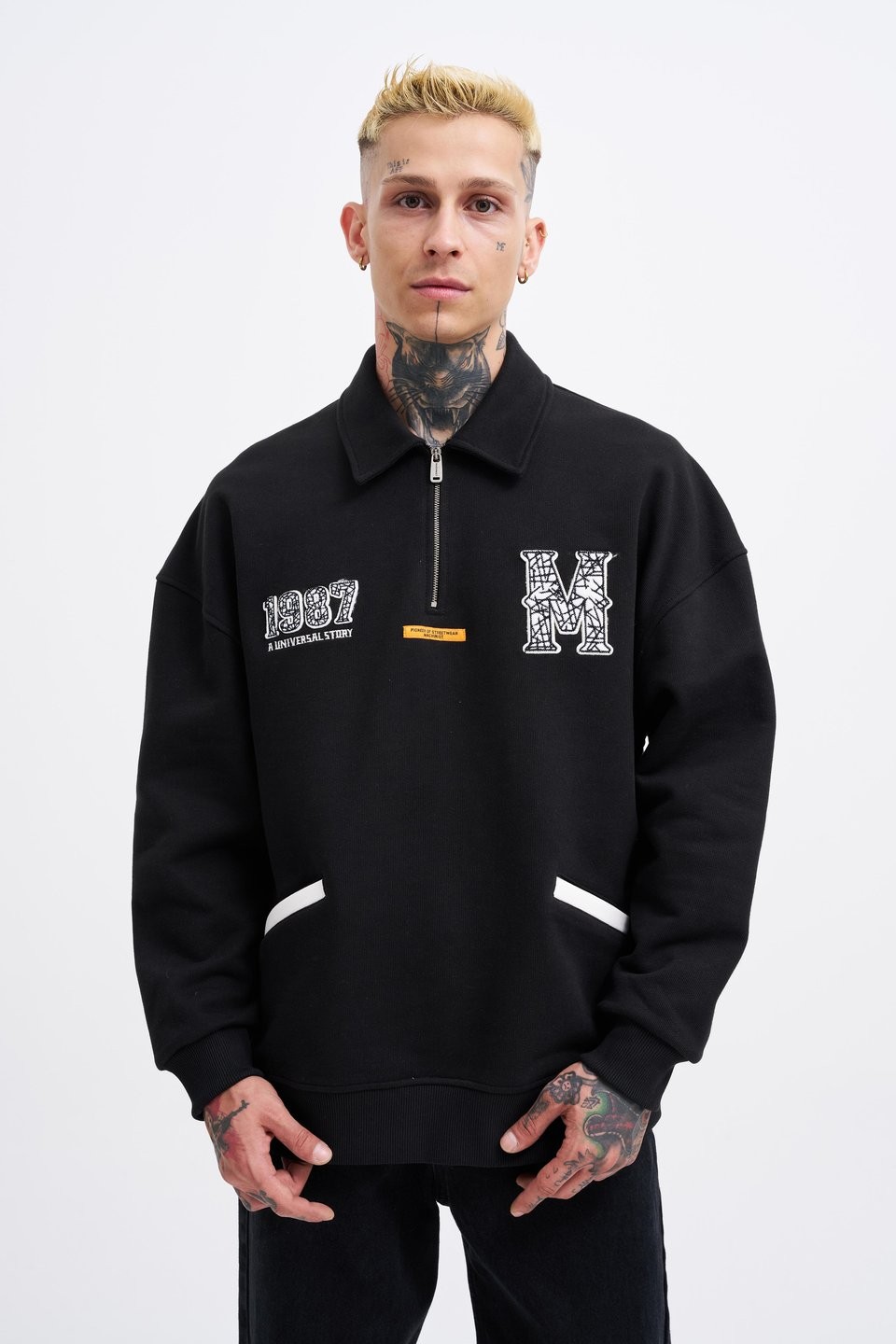 Felt Badge Zip Polo Siyah Sweatshirt