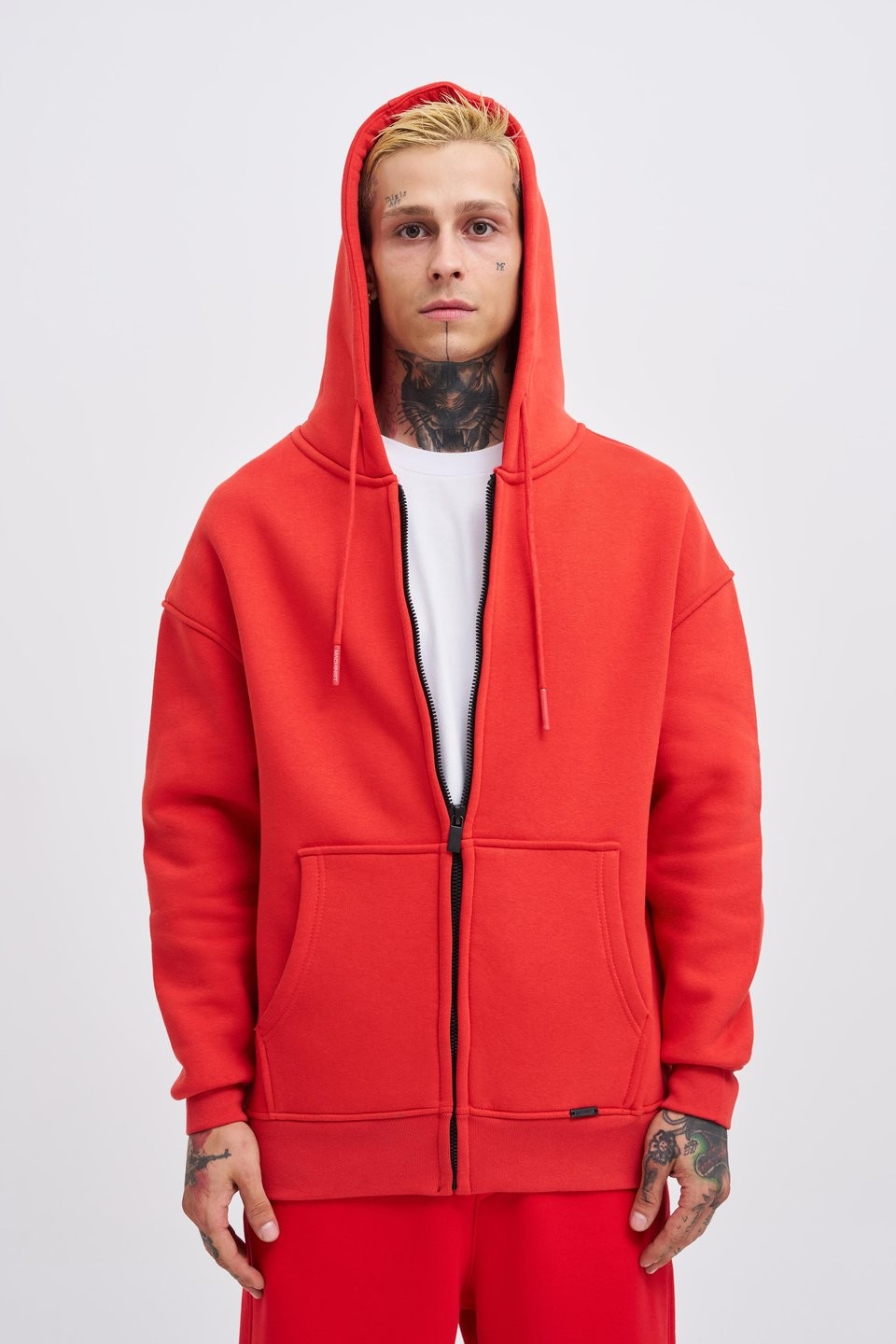 Oversize Şardonlu Zip Hoodie - Kırmızı