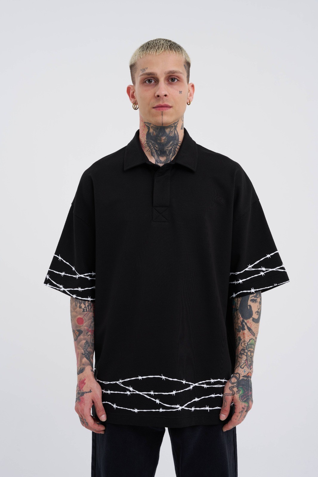 Barbed Wire Printed Polo T-Shirt - Siyah