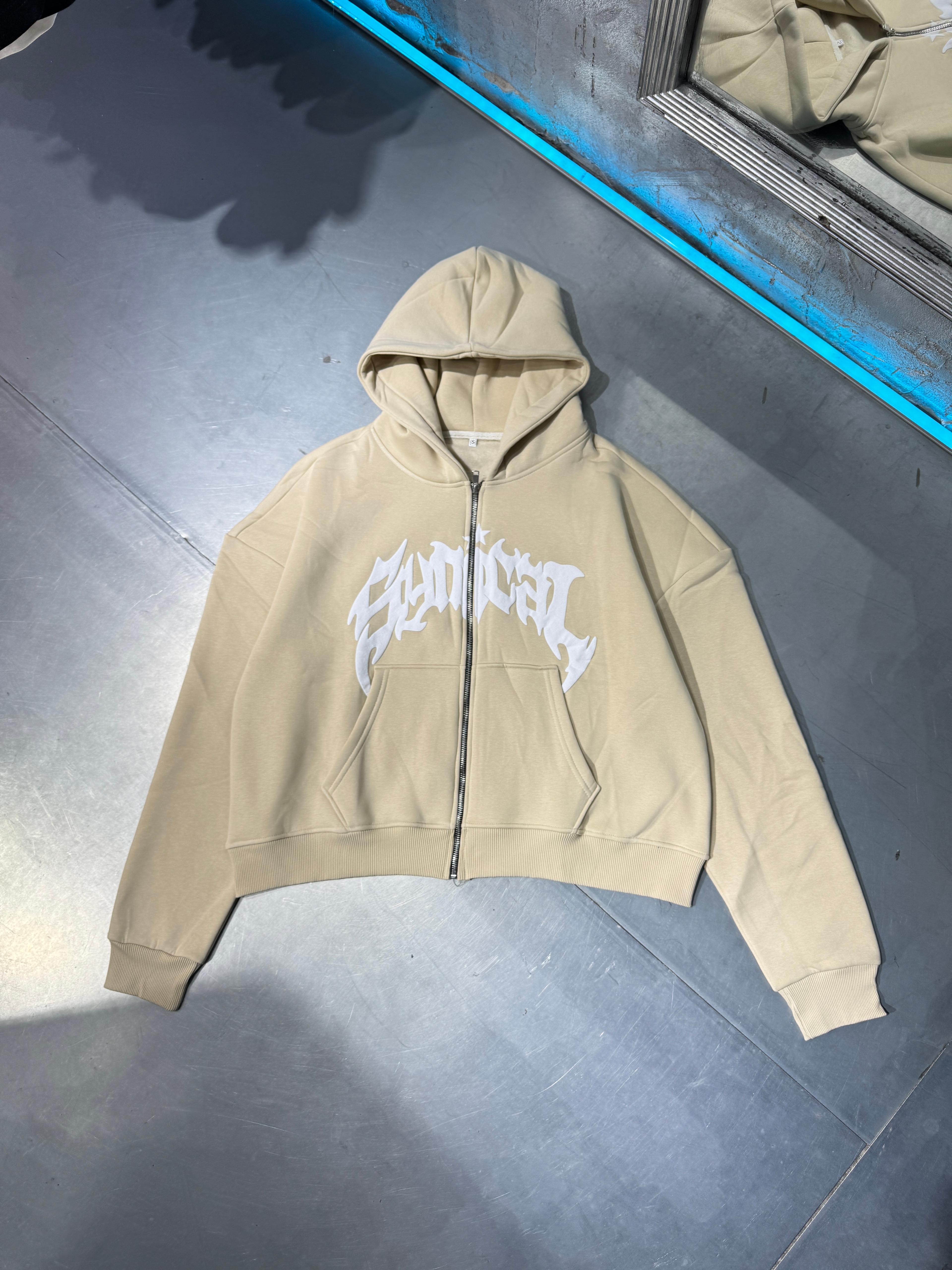 Kabartma Baskılı Fermuarlı Zip Hoodie 