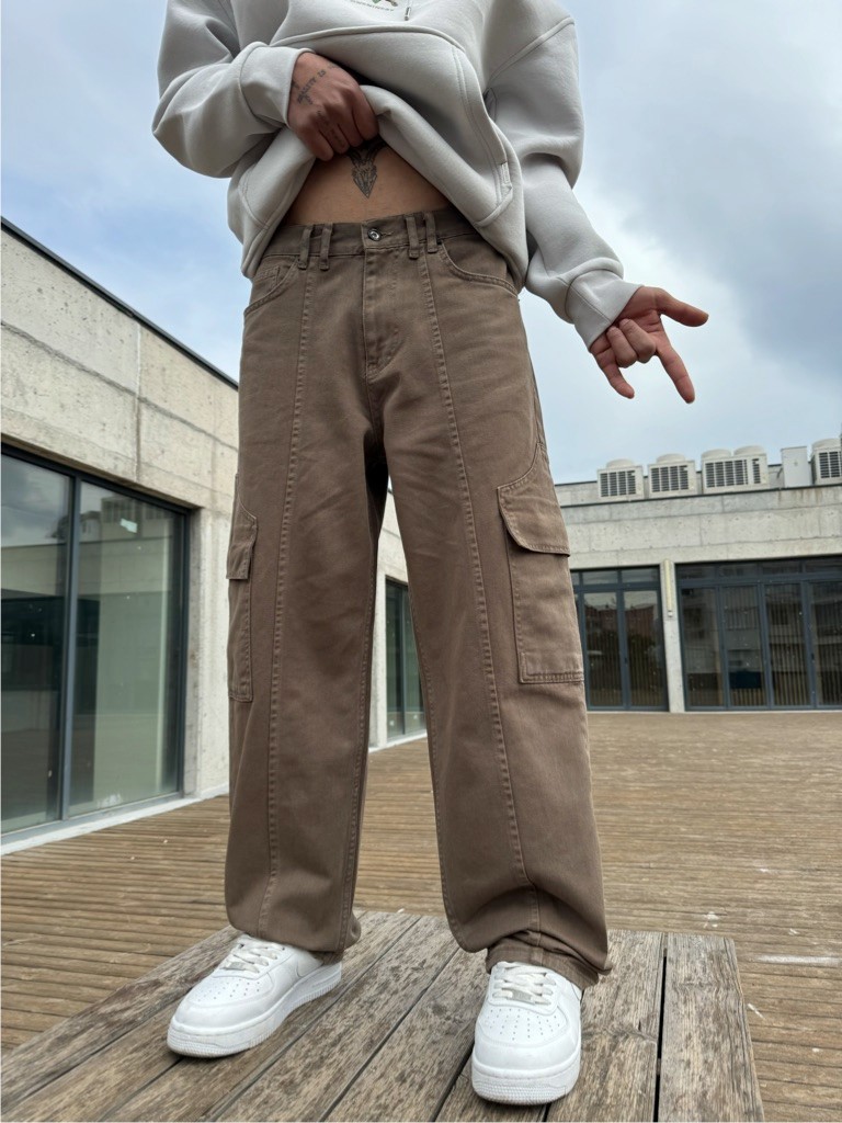 Kargo Pantolon Şerit Detaylı Geniş Cepli Baggy Pantolon - Kahverengi