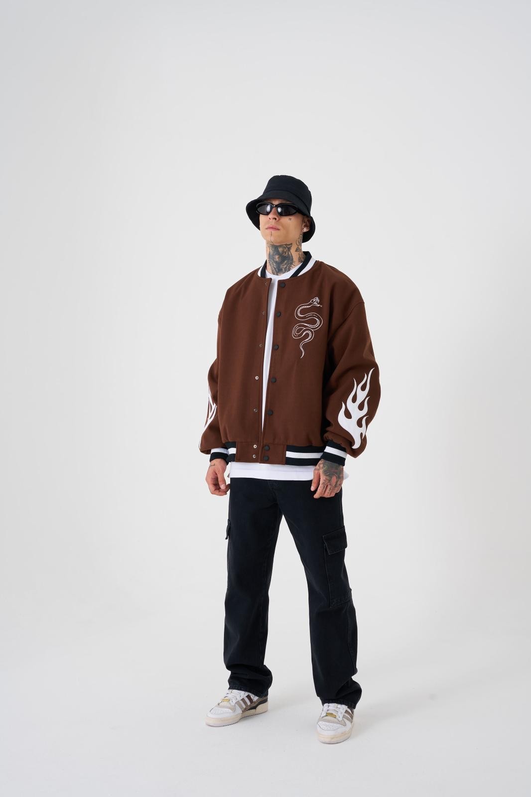 OVERSIZE SNAKE EMBROIDERY BOMBER JACKET - Coffe