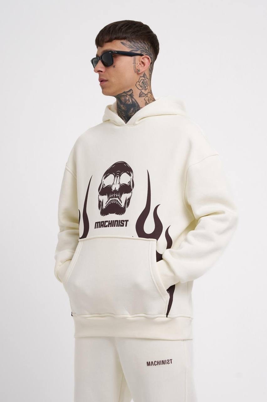 Flame Printed Şardonlu Hoodie - Ekru