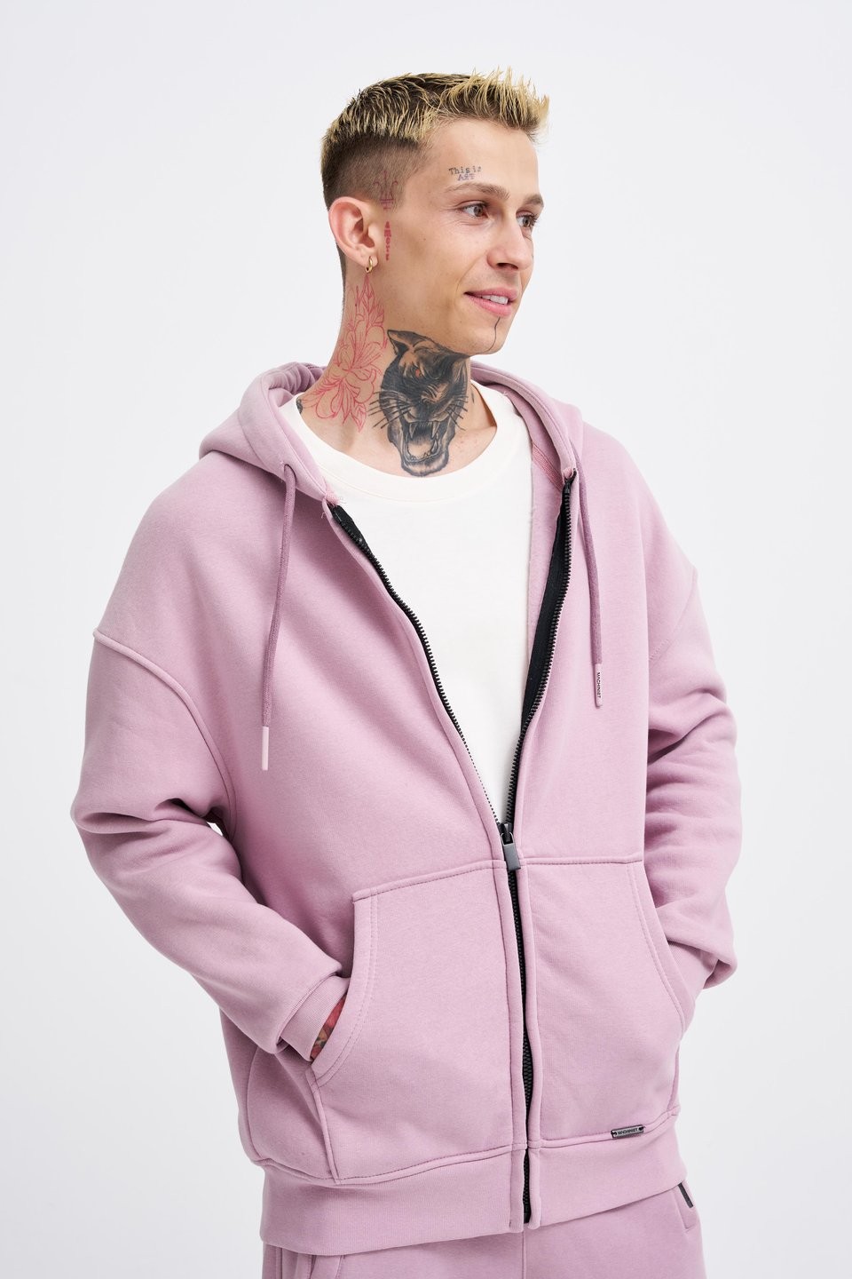 Oversize Şardonlu Zip Hoodie - Kirli Pembe