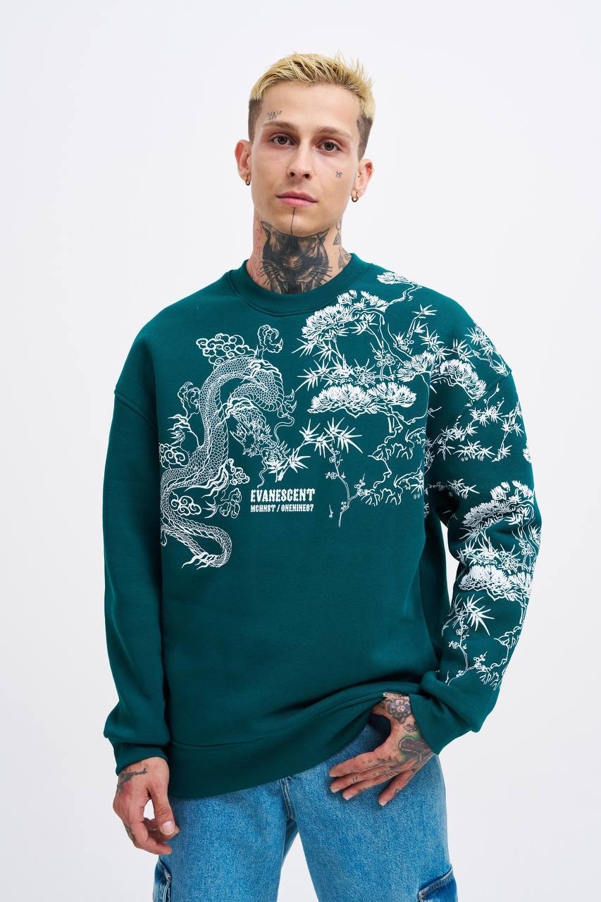 Dragon Printed Oversize Şardonlu Sweatshirt - Petrol Yeşil