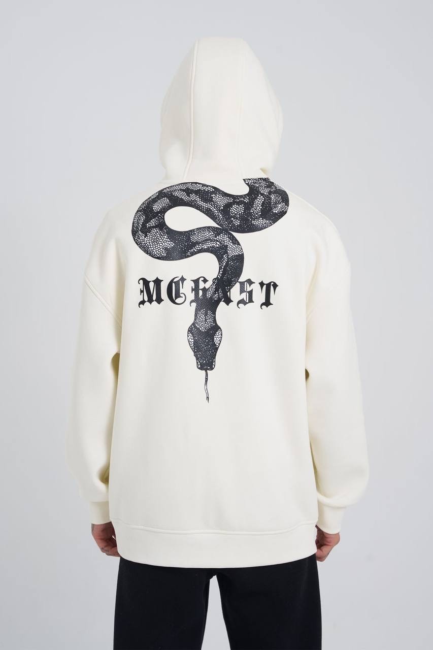 Snake Printed Şardonlu Hoodie - Ekru