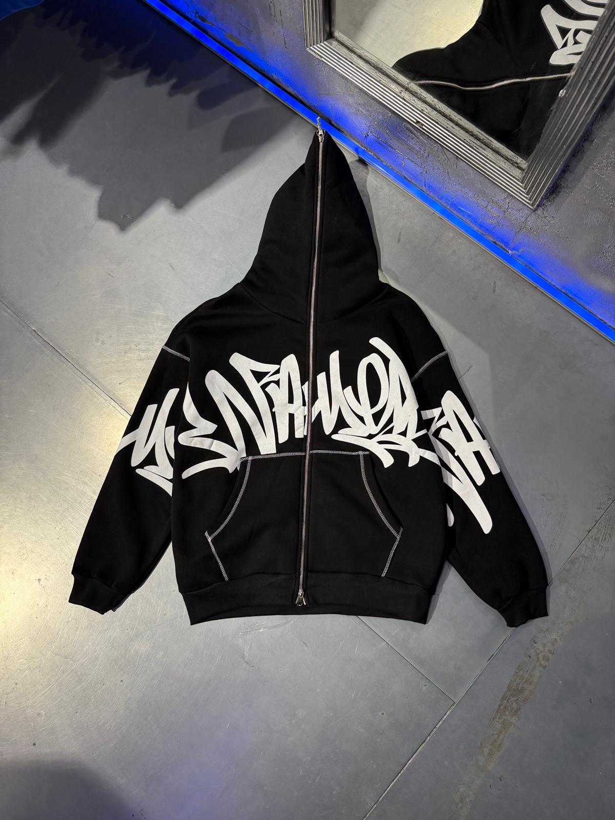 Graffiti Desenli Oversize Full Zip - Siyah