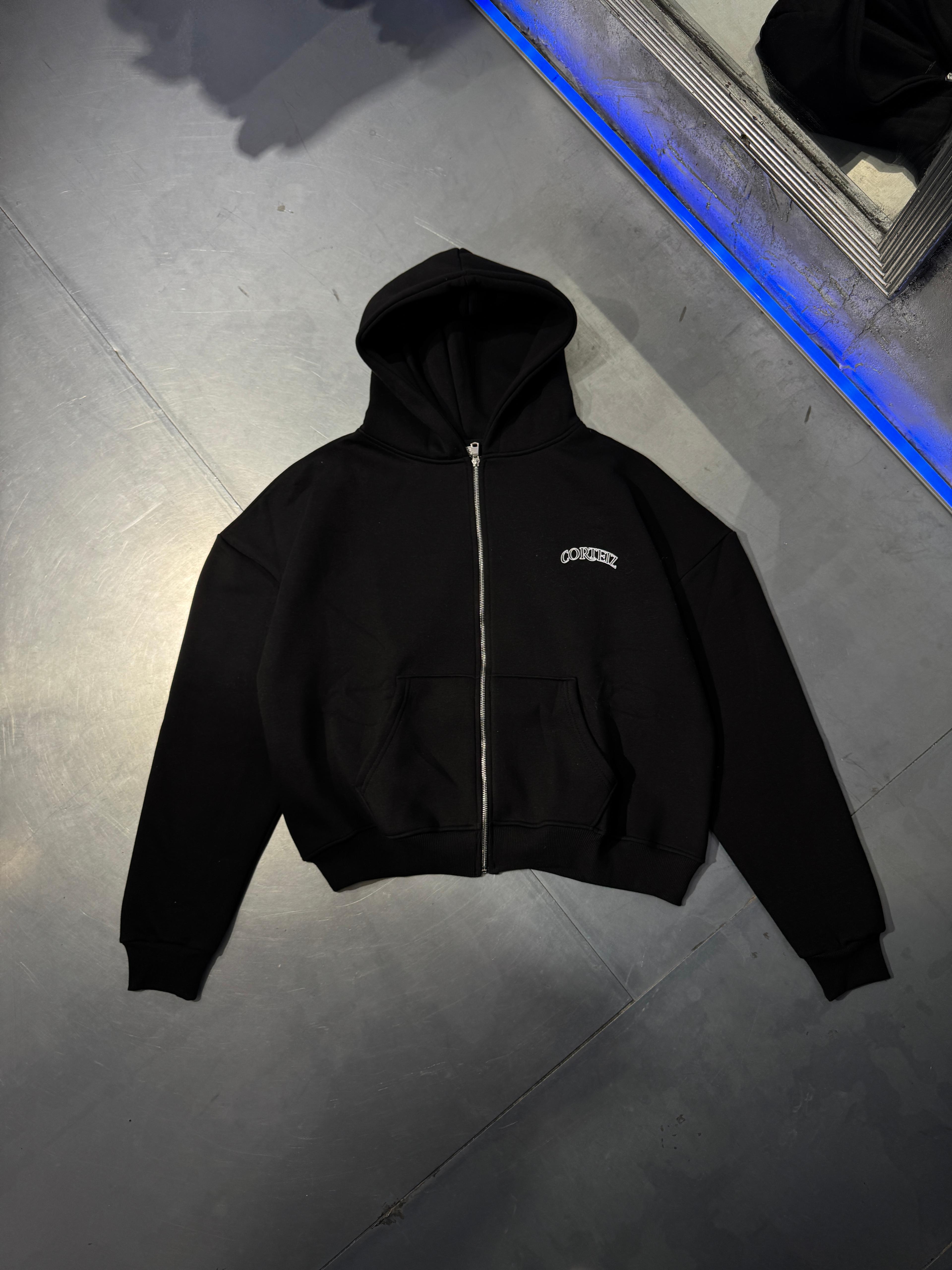 Oversize Corteiz Zip Hoodie Şardonlu - Siyah