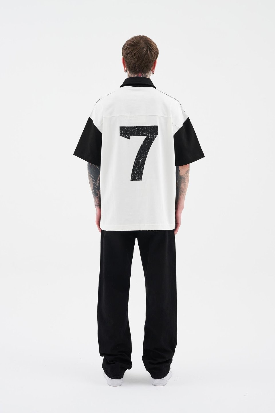 Printed and Yıkamalı Polo Oversize Siyah Tişört