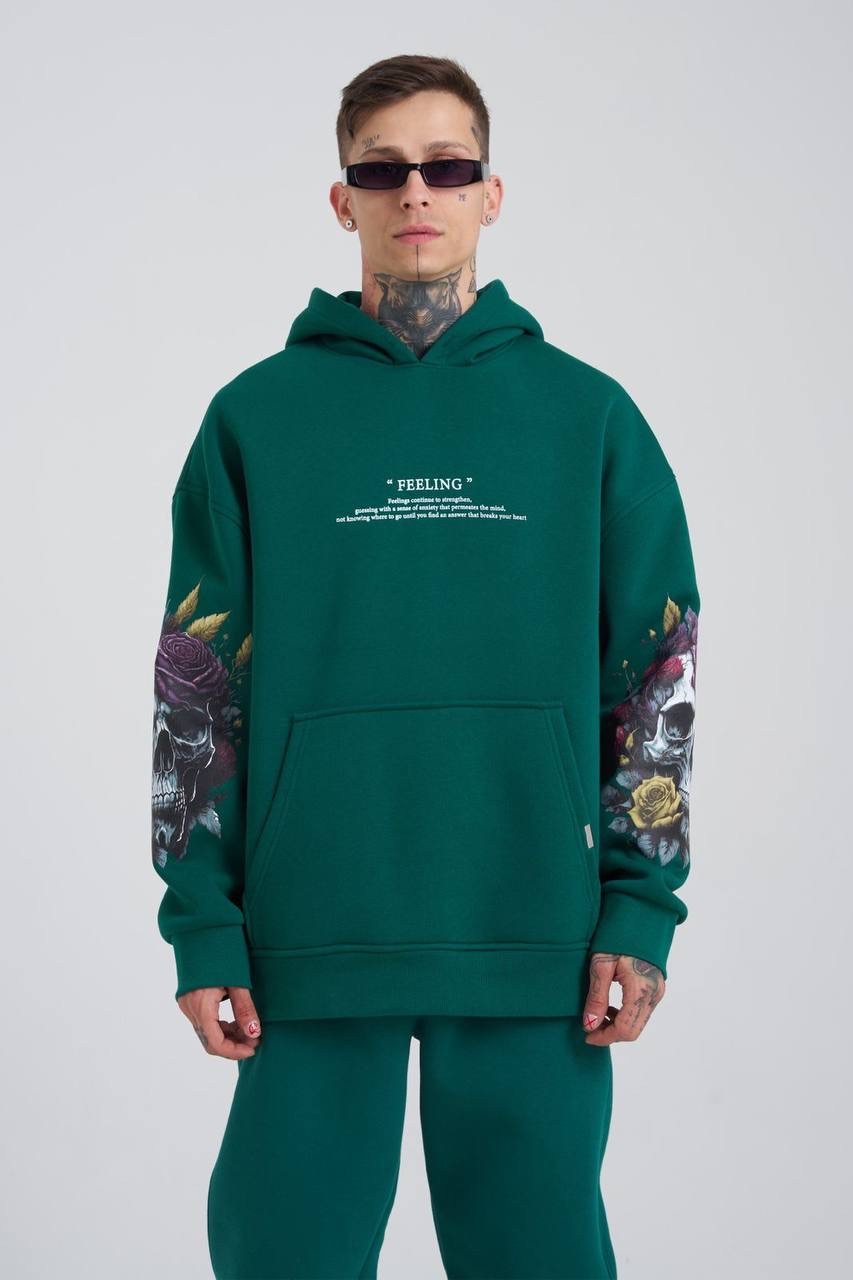 Feeling Skull Şardonlu Hoodie - Petrol Yeşili