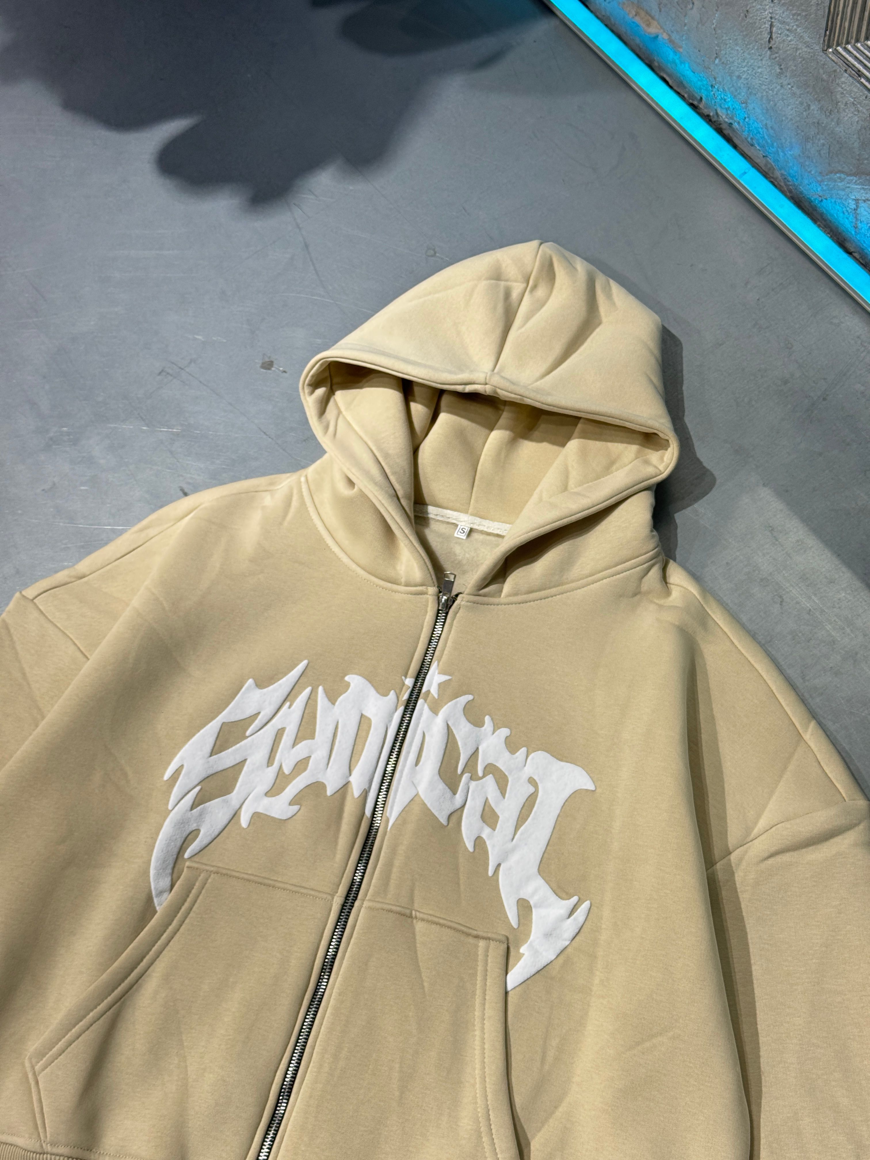 Kabartma Baskılı Fermuarlı Zip Hoodie 