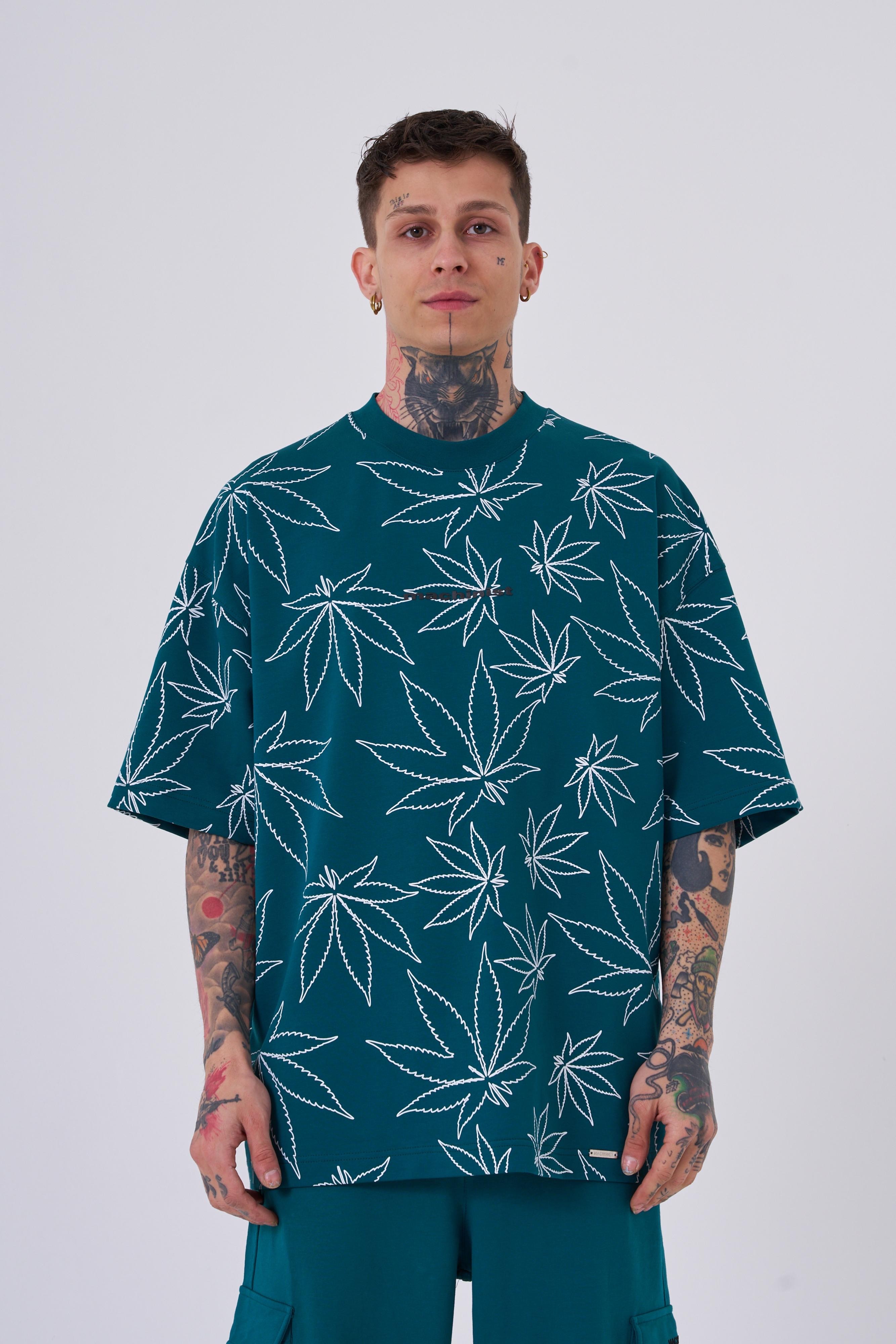 Cannabis Leaf Oversize T-Shirt - Petrol Yeşili