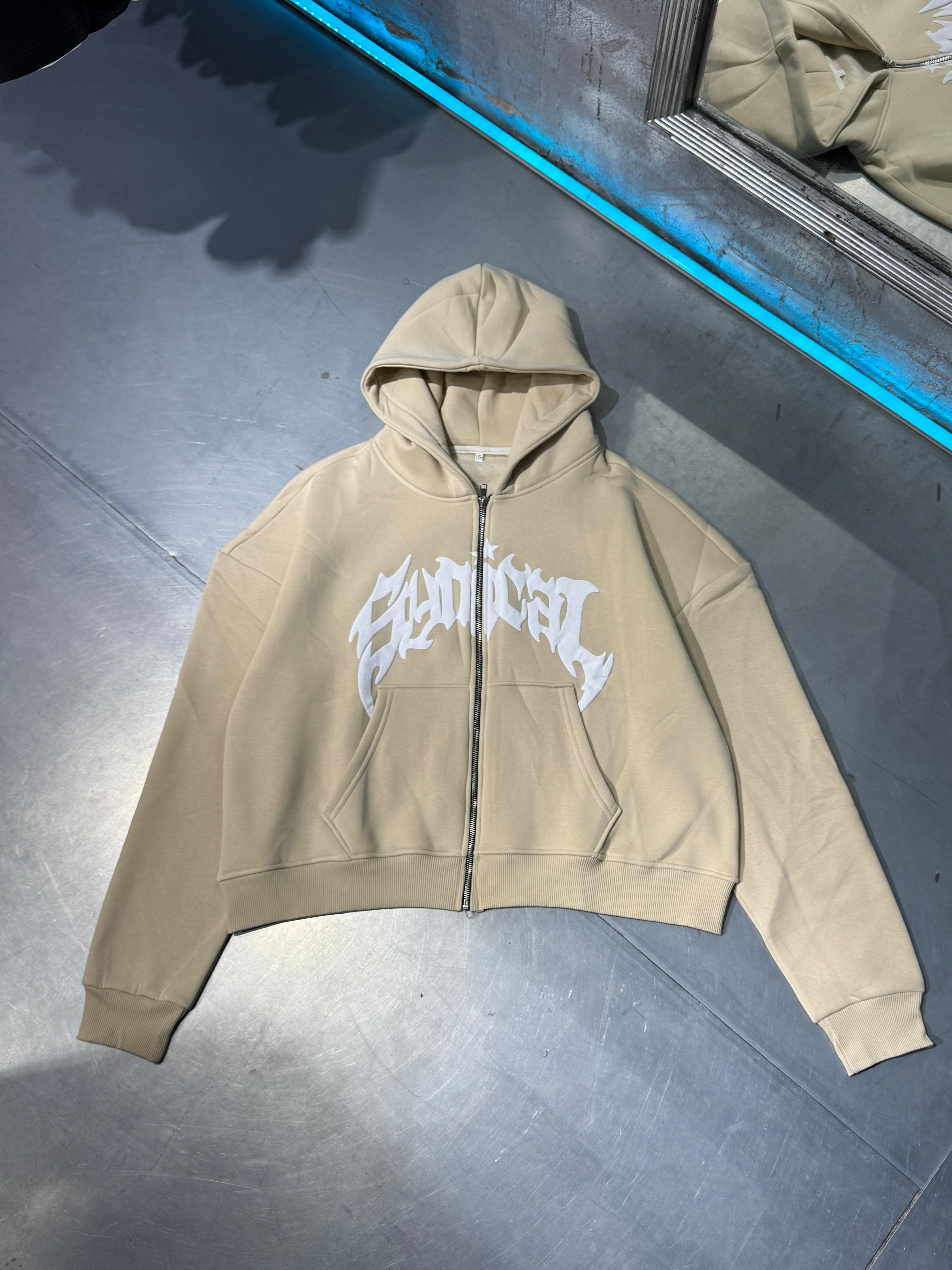 Kabartma Baskılı Fermuarlı Zip Hoodie 