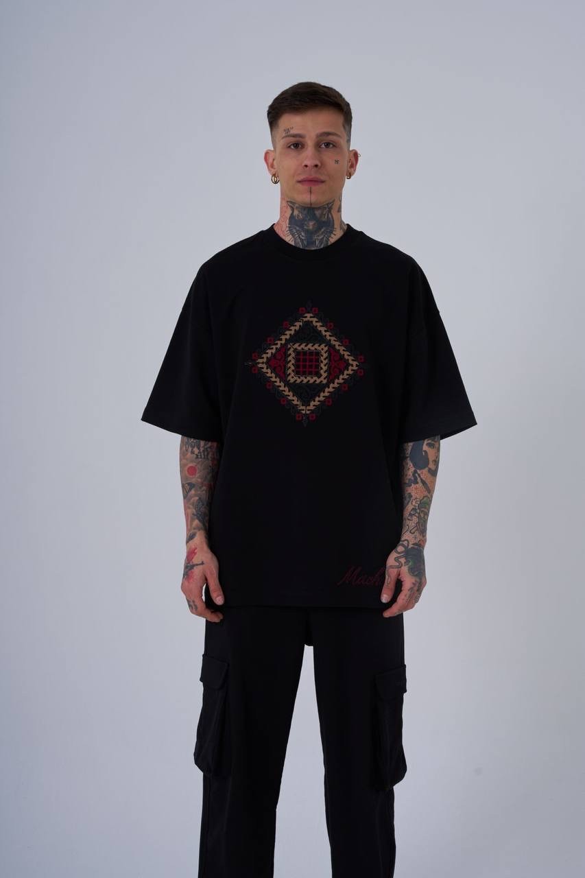 Ethnic Detay Oversize T-Shirt - Siyah