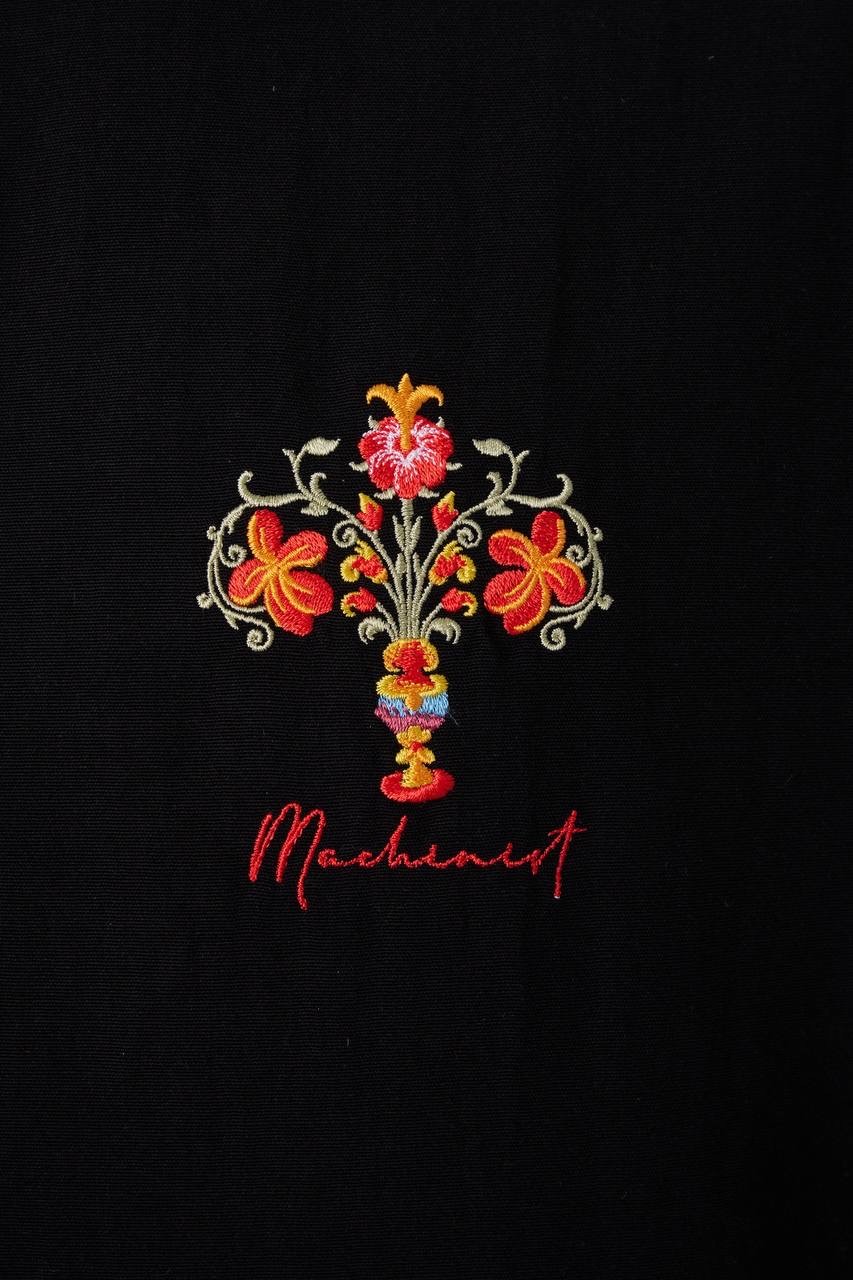 Floral Embroidered Viscon Siyah Gömlek